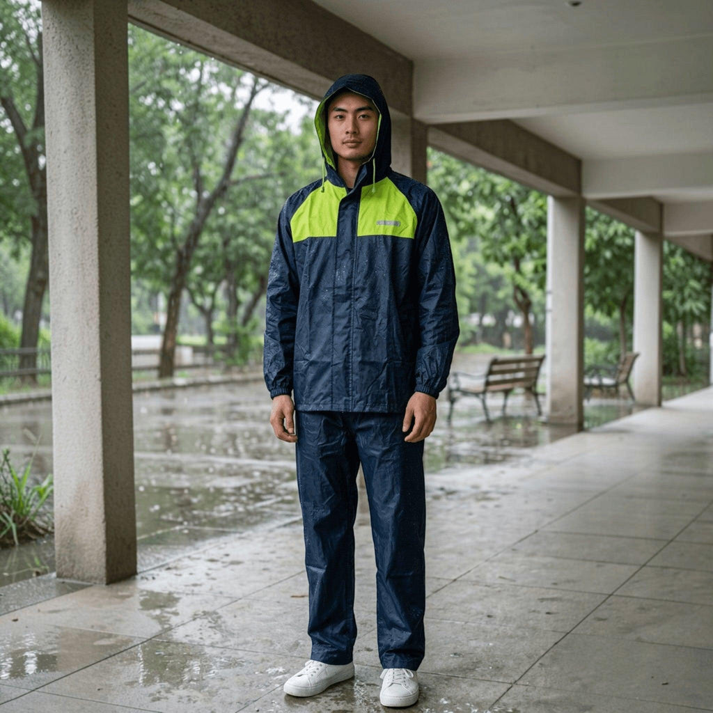 City Center Top In Town navy and neon yellow waterproof rain suit with hooded jacket and trousers on a young man