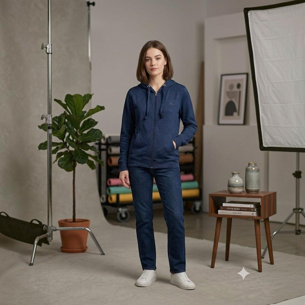 City Center navy blue full zip hooded sweatshirt worn by a woman with jeans and white sneakers in a studio setting.