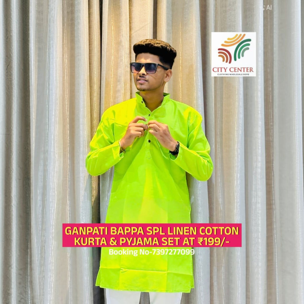 City Center men's bright neon green kurta and white pant set for Ganpati festival celebrations