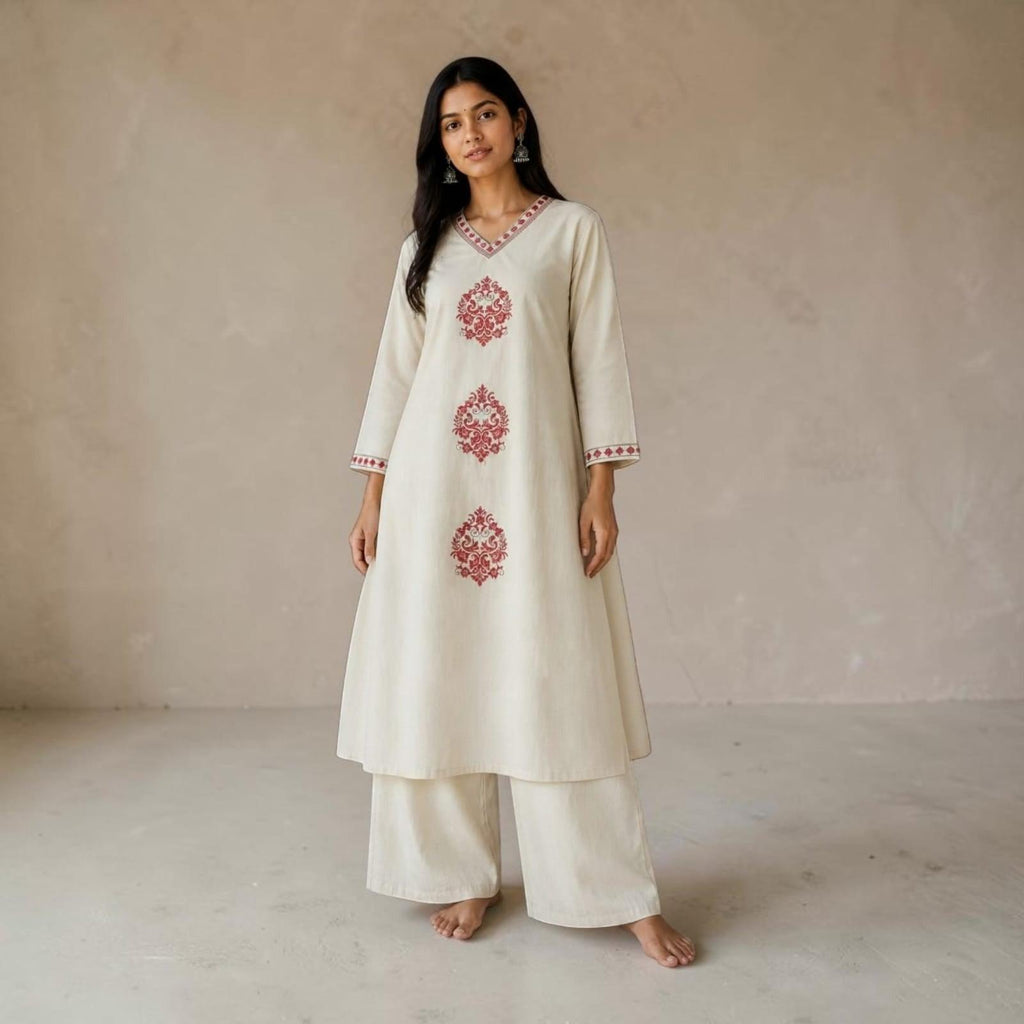 City Center off-white pure cotton co-ord set with red hand-embroidery and Dabu print details on a model