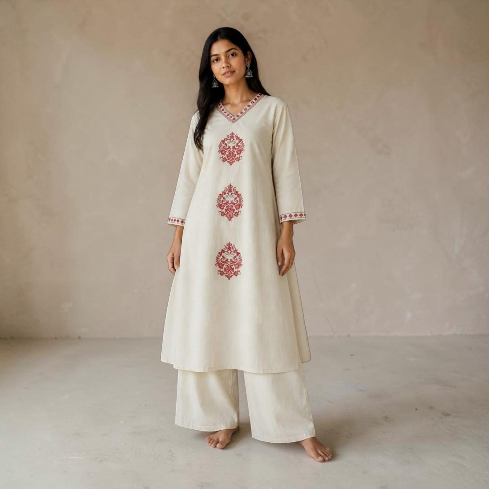 City Center off-white pure cotton co-ord set with red hand-embroidery and Dabu print details on a model
