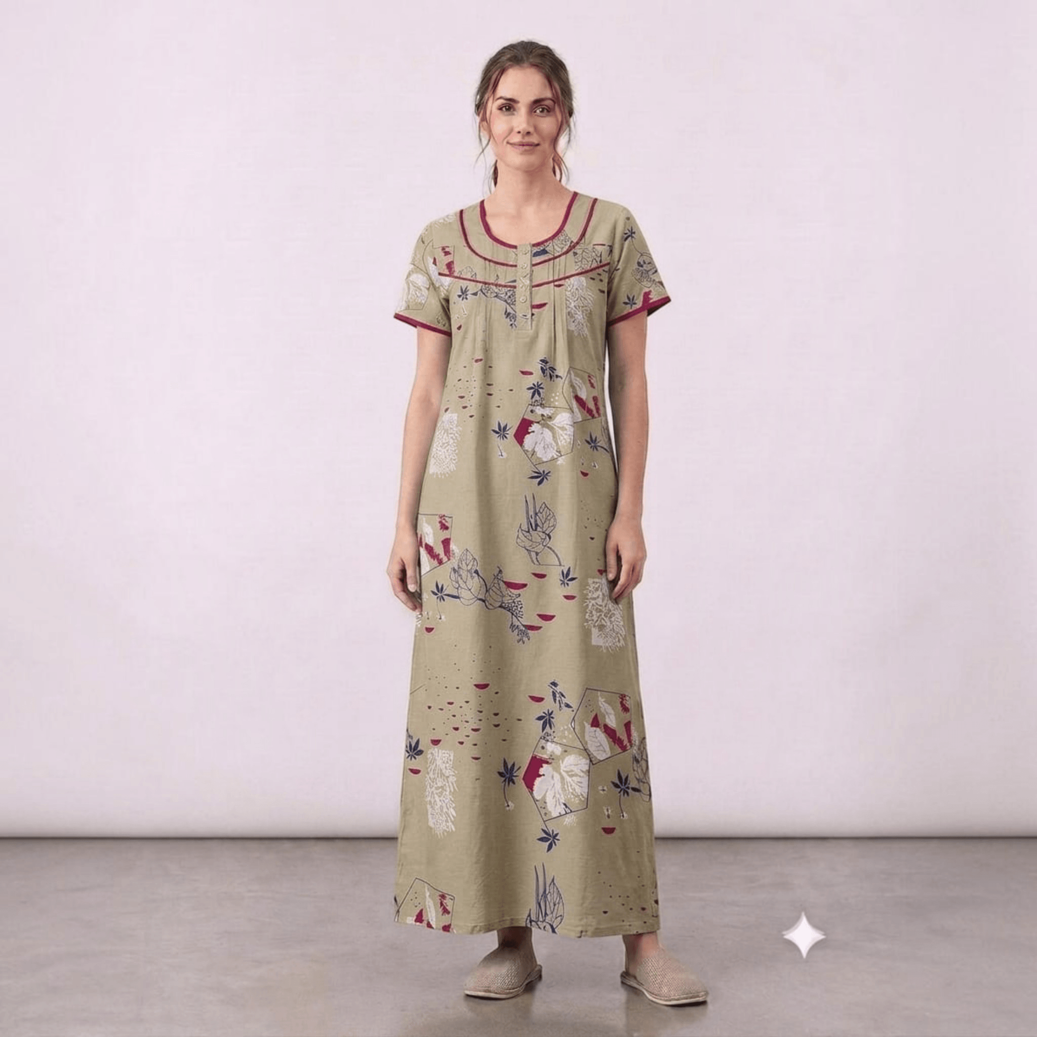 City Center women's olive green cotton feeding gown with maroon trim, floral print, and front pleats.