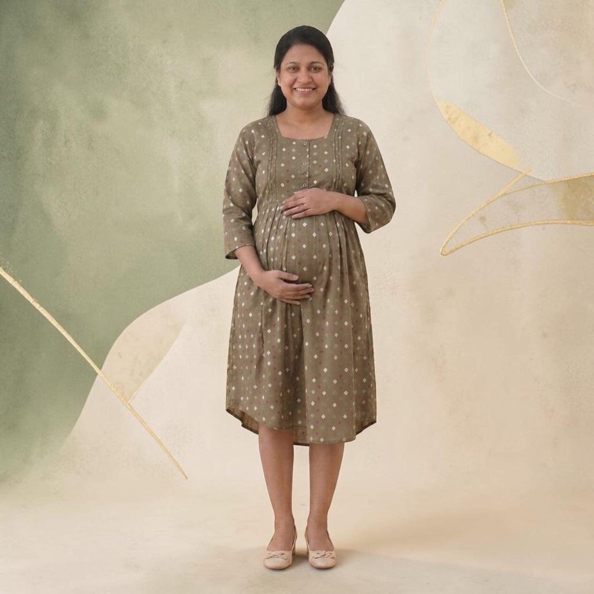 City Center maternity and nursing gown in olive green cotton with a square neckline and subtle geometric print