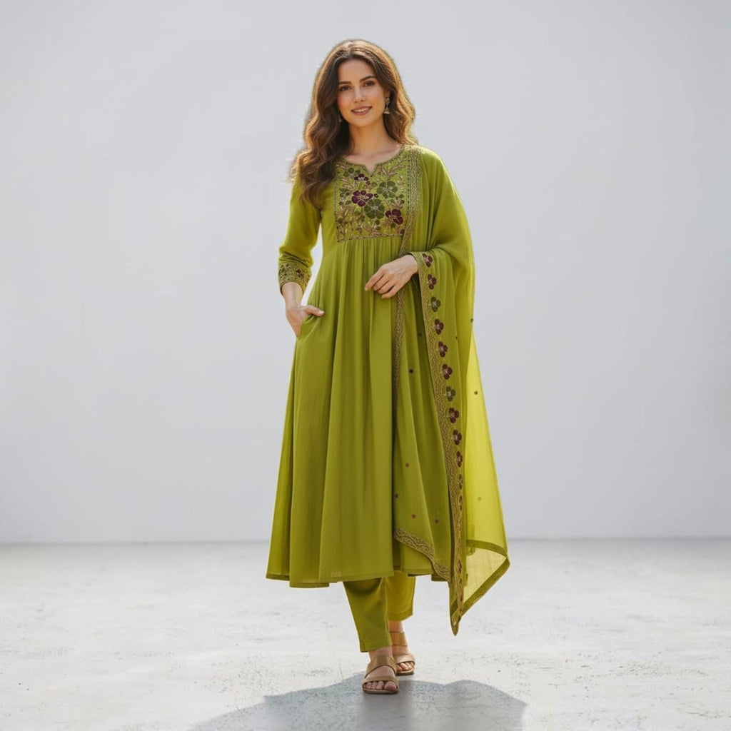 City Center olive green denim kurti with floral embroidery, side pockets, and matching dupatta on a smiling model.