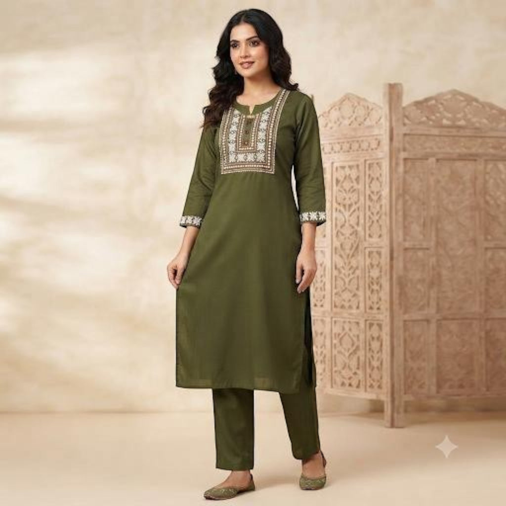 City Center olive green ethnic co-ord set with intricate white embroidery on the neckline and three-quarter sleeves