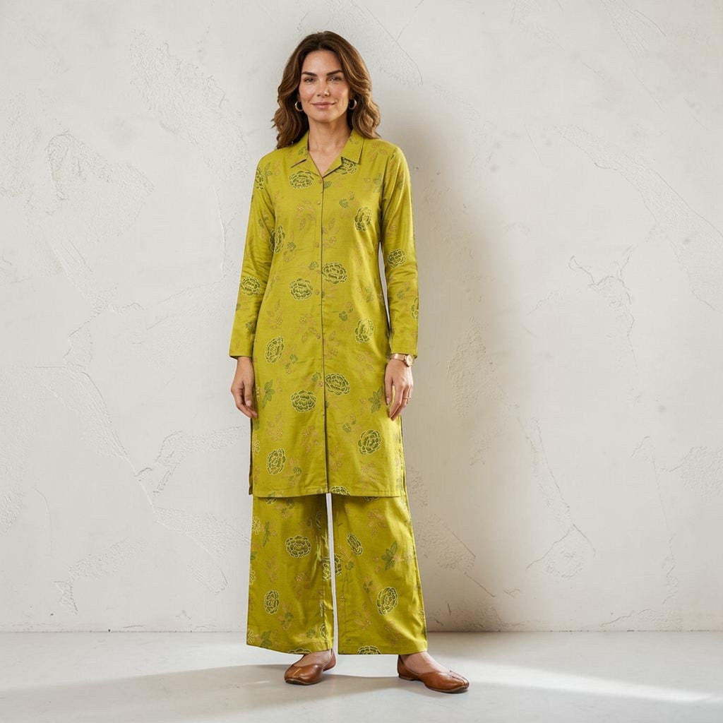 City Center olive green floral print co-ord set with collared tunic and wide-leg palazzo pants worn by a model