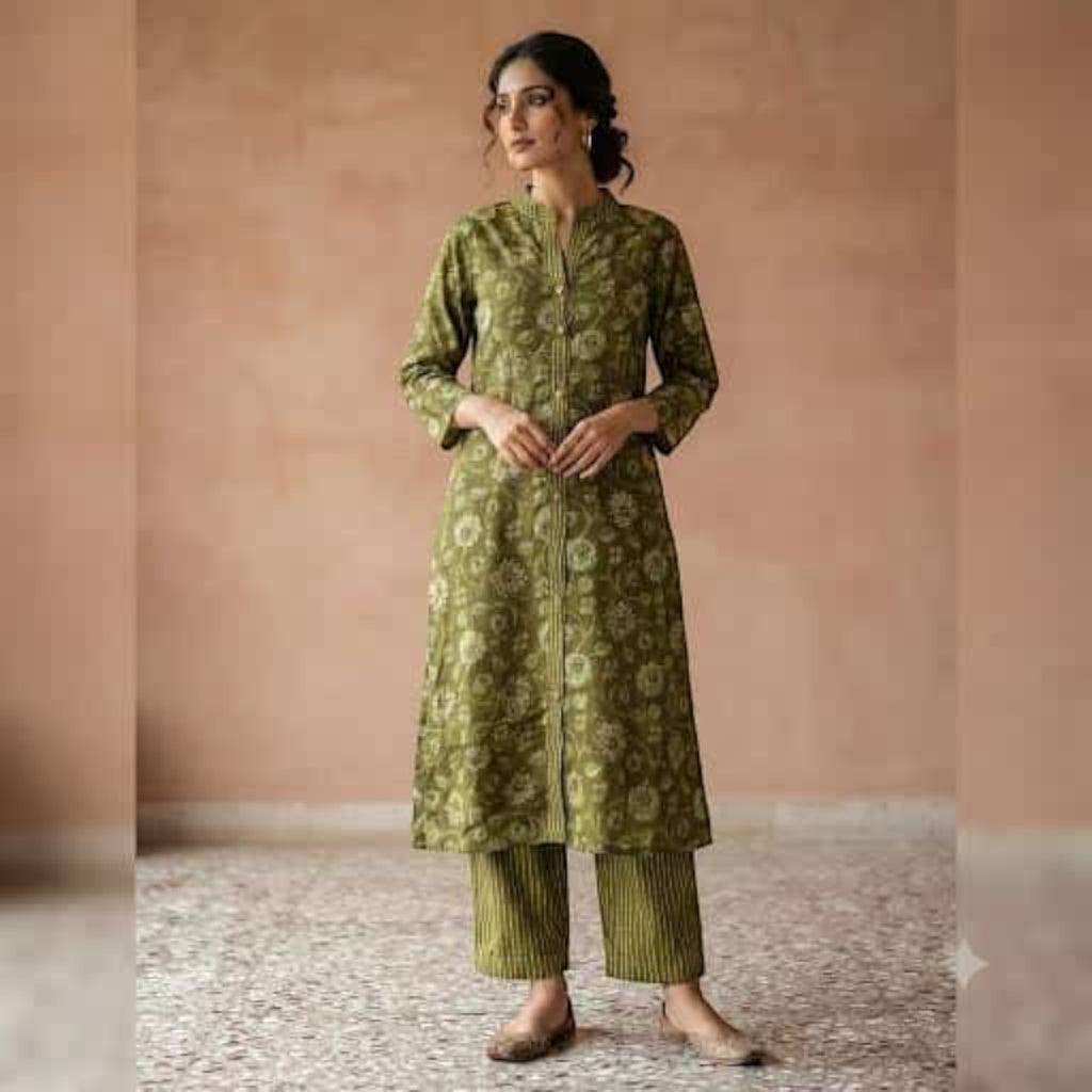 City Center olive green floral print kurta and striped trouser co-ord set worn by a woman with a refined silhouette