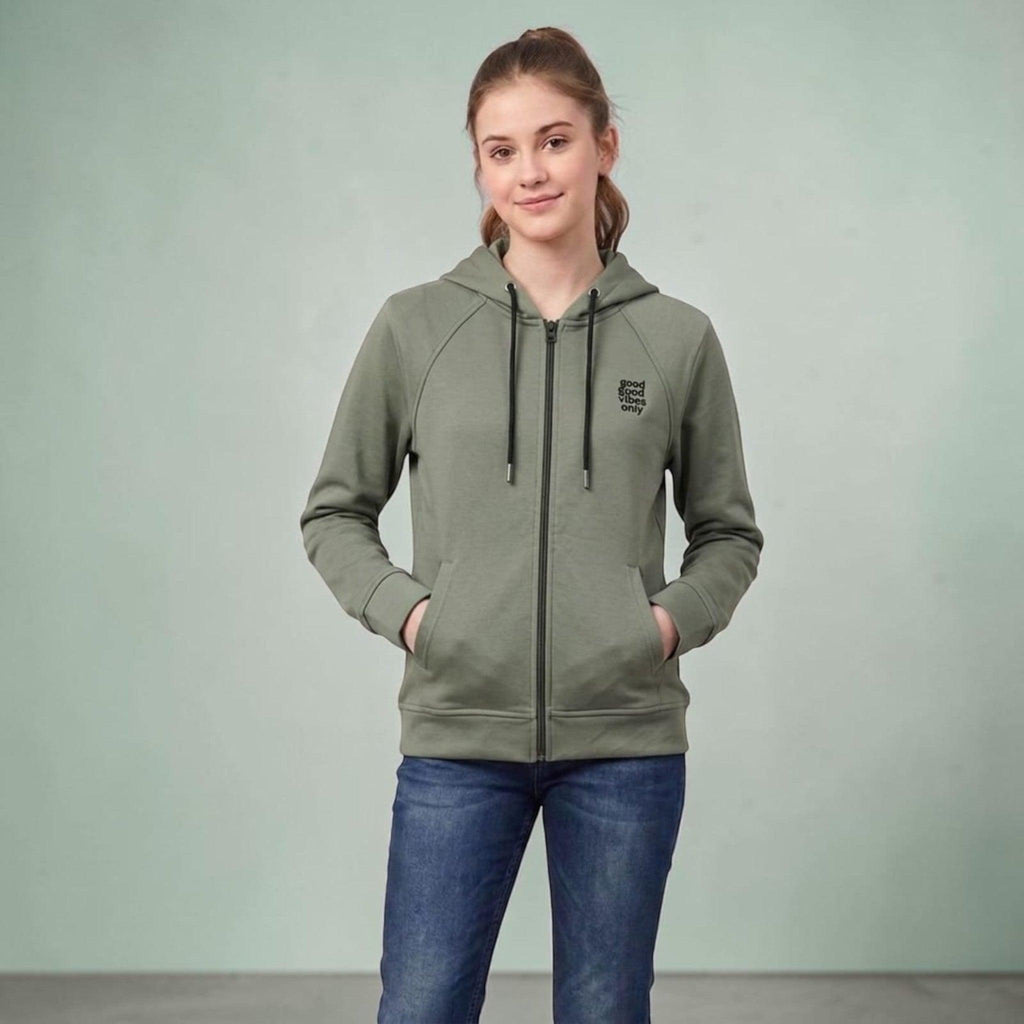 City Center olive green full zip hoodie with drawstring hood, raglan sleeves, and good vibes only chest graphic