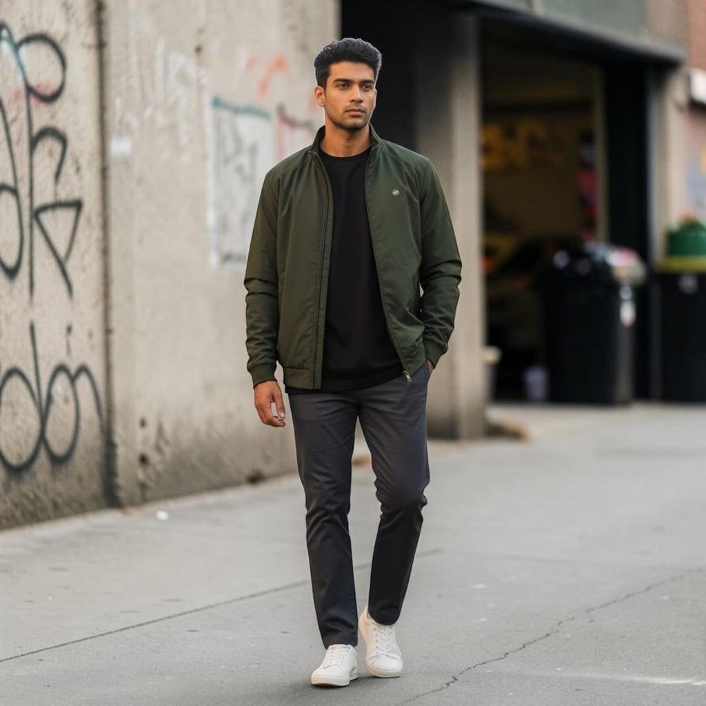 City Center men's olive green bomber-style zipper jacket worn by a model on a city street.
