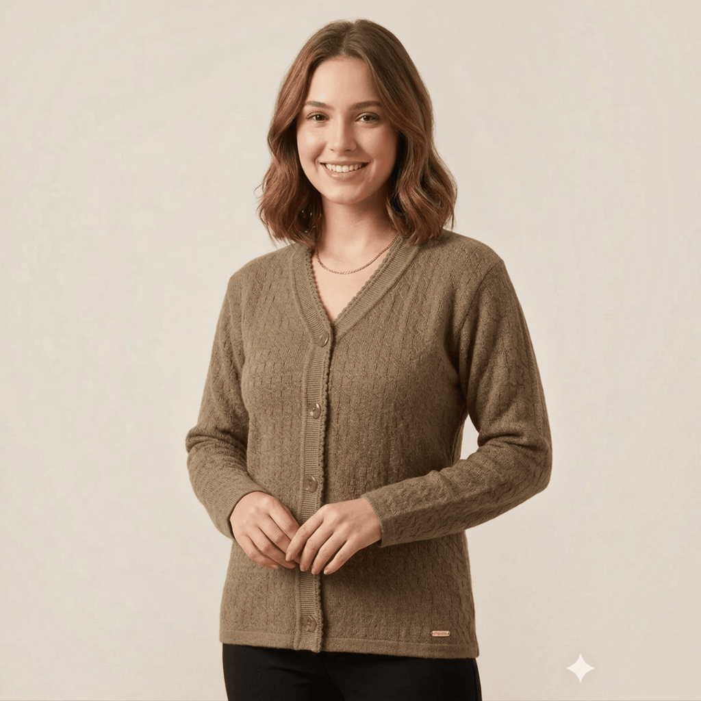 City Center lightweight olive green V-neck button-down cardigan sweater worn by a smiling woman