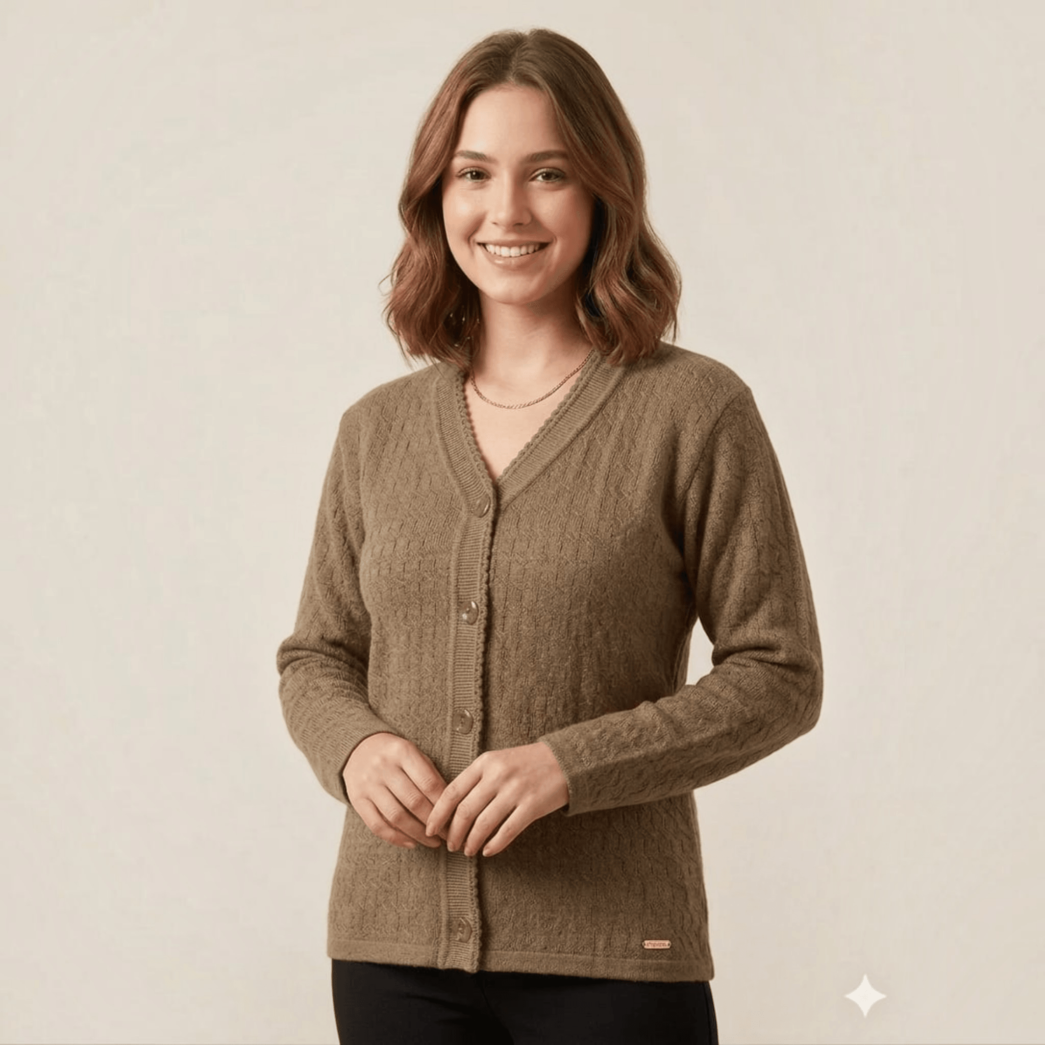 City Center lightweight olive green V-neck button-down cardigan sweater worn by a smiling woman