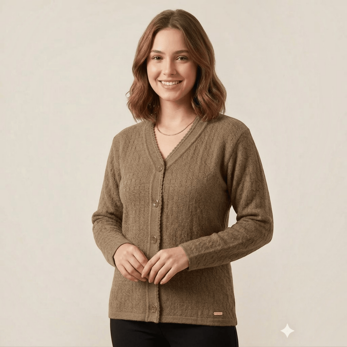 City Center lightweight olive green V-neck button-down cardigan sweater worn by a smiling woman