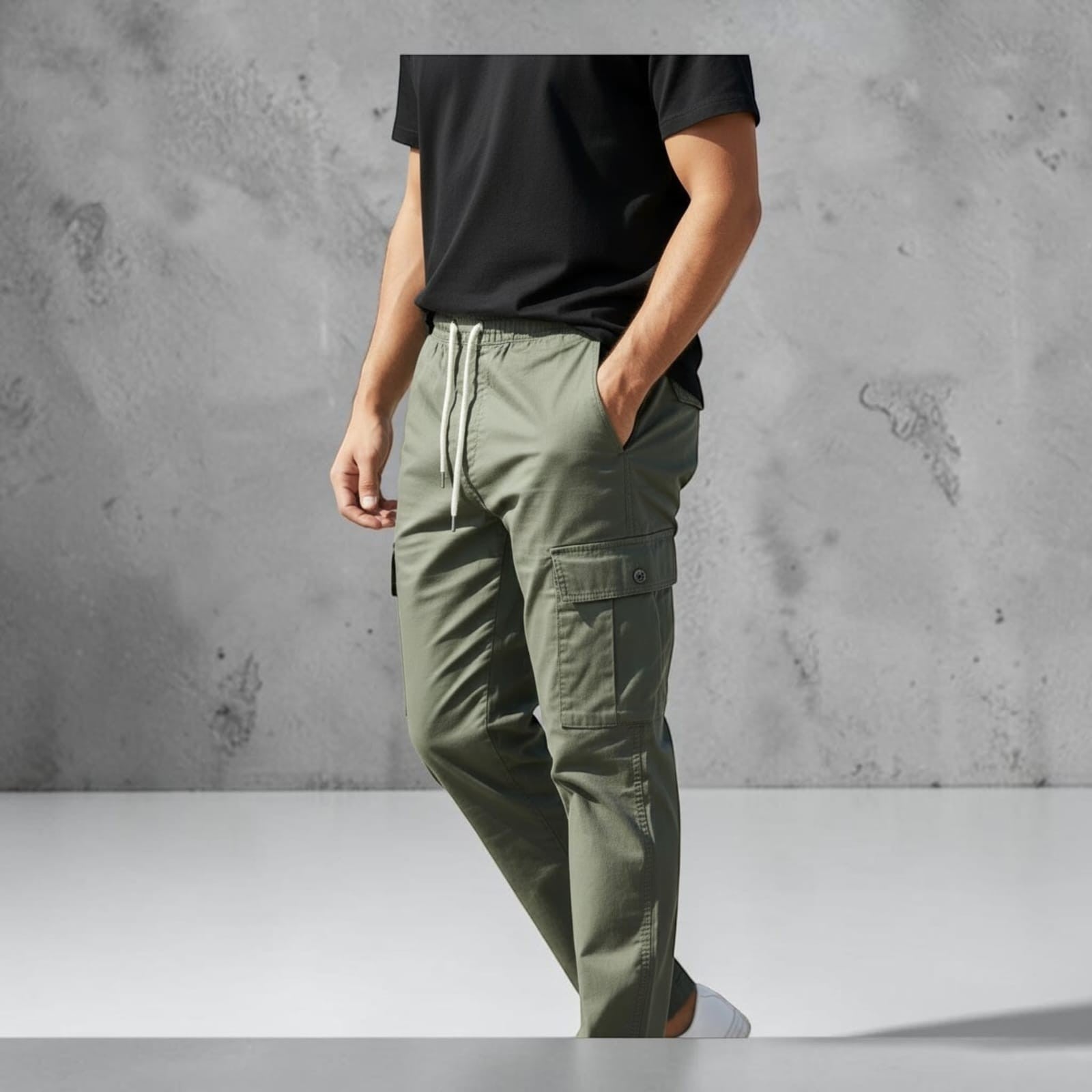 City Center olive green cargo pants with drawstring waist and side pockets worn by a man in a black t-shirt