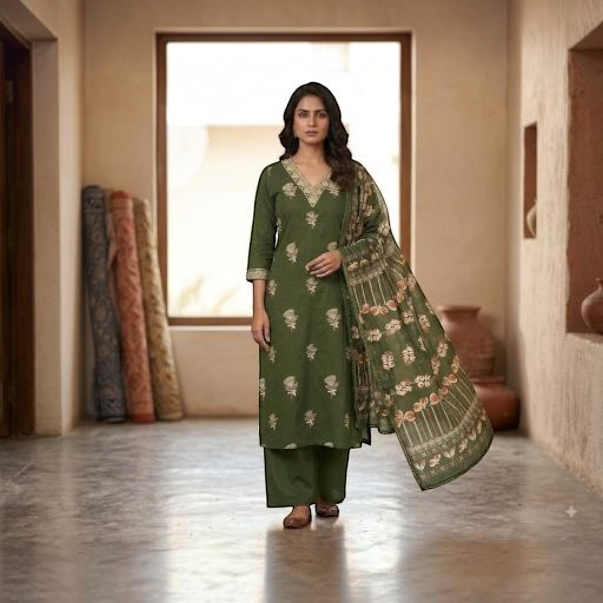 City Center Padmini premium olive green 3 piece churidar set with floral embroidery and matching dupatta
