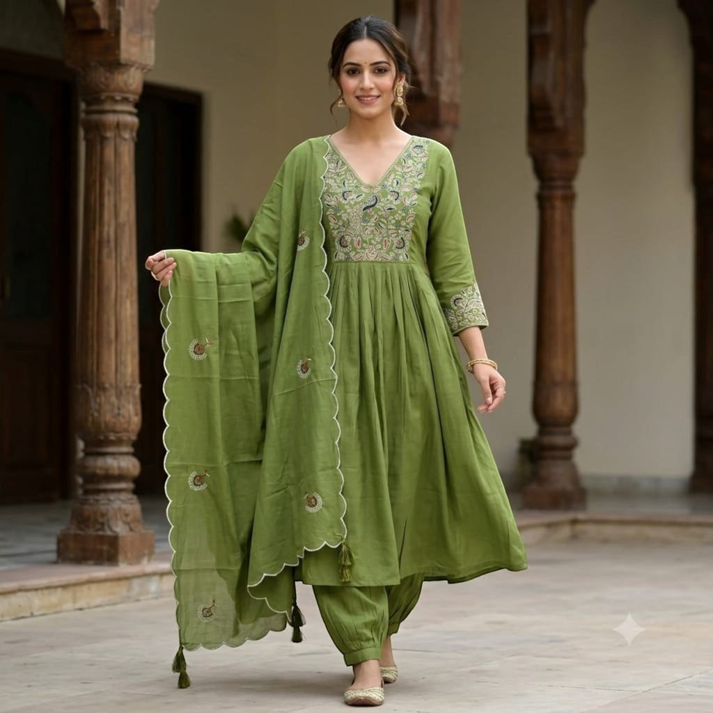 City Center Kalki Gaytri olive green churidar set with intricate embroidery, flared kurta, and matching dupatta.