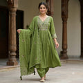 City Center Kalki Gaytri olive green churidar set with intricate embroidery, flared kurta, and matching dupatta.