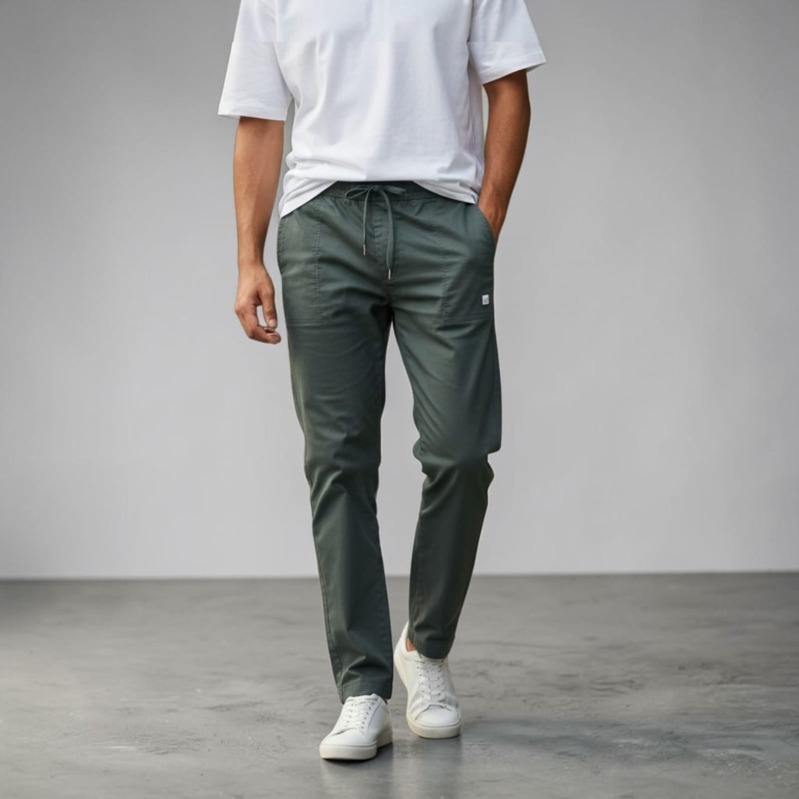 City Center men's olive green casual cargo pants with a drawstring waist and tapered leg, worn with a white t-shirt.