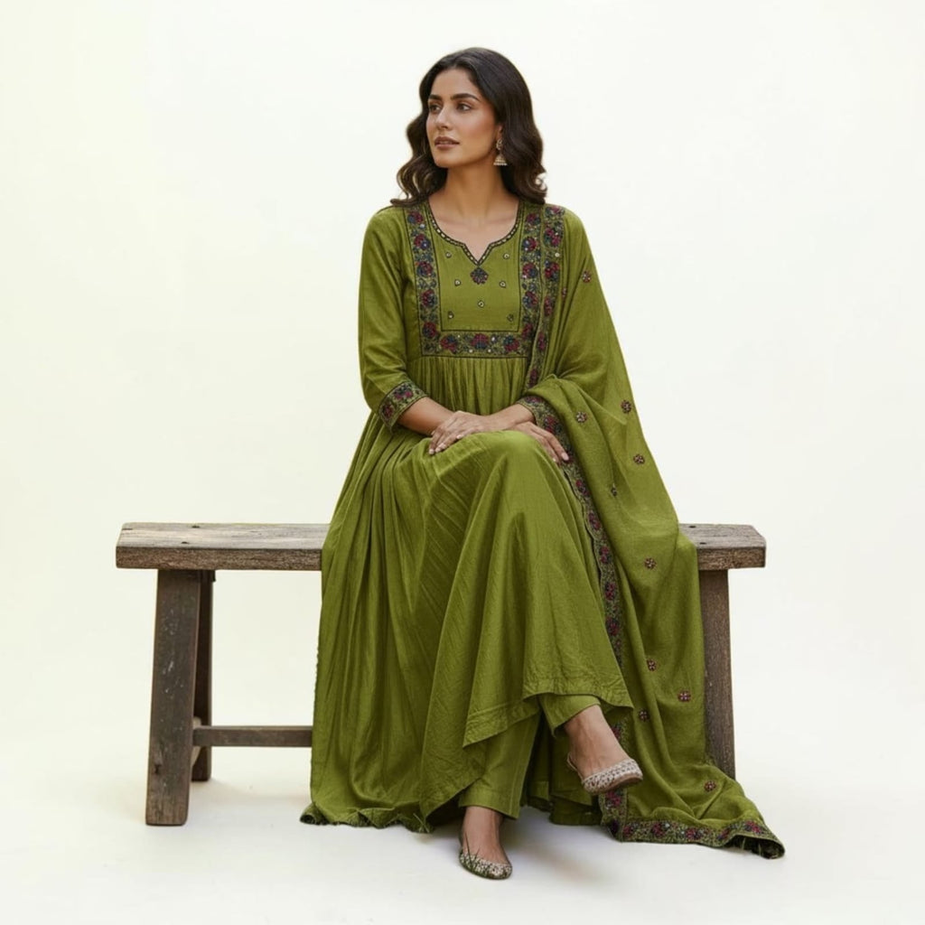 City Center olive green cotton kurti with intricate floral embroidery on the yoke and matching dupatta