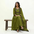 City Center olive green cotton kurti with intricate floral embroidery on the yoke and matching dupatta