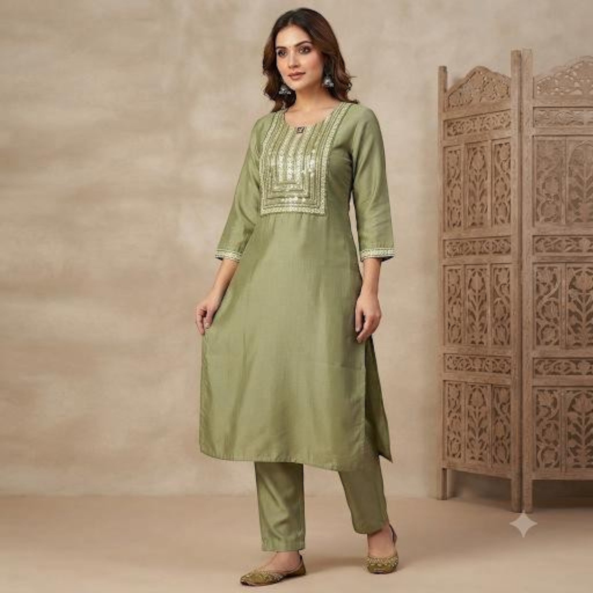 City Center olive green ethnic co-ord set with intricate gold embroidery on the kurta and matching straight trousers.