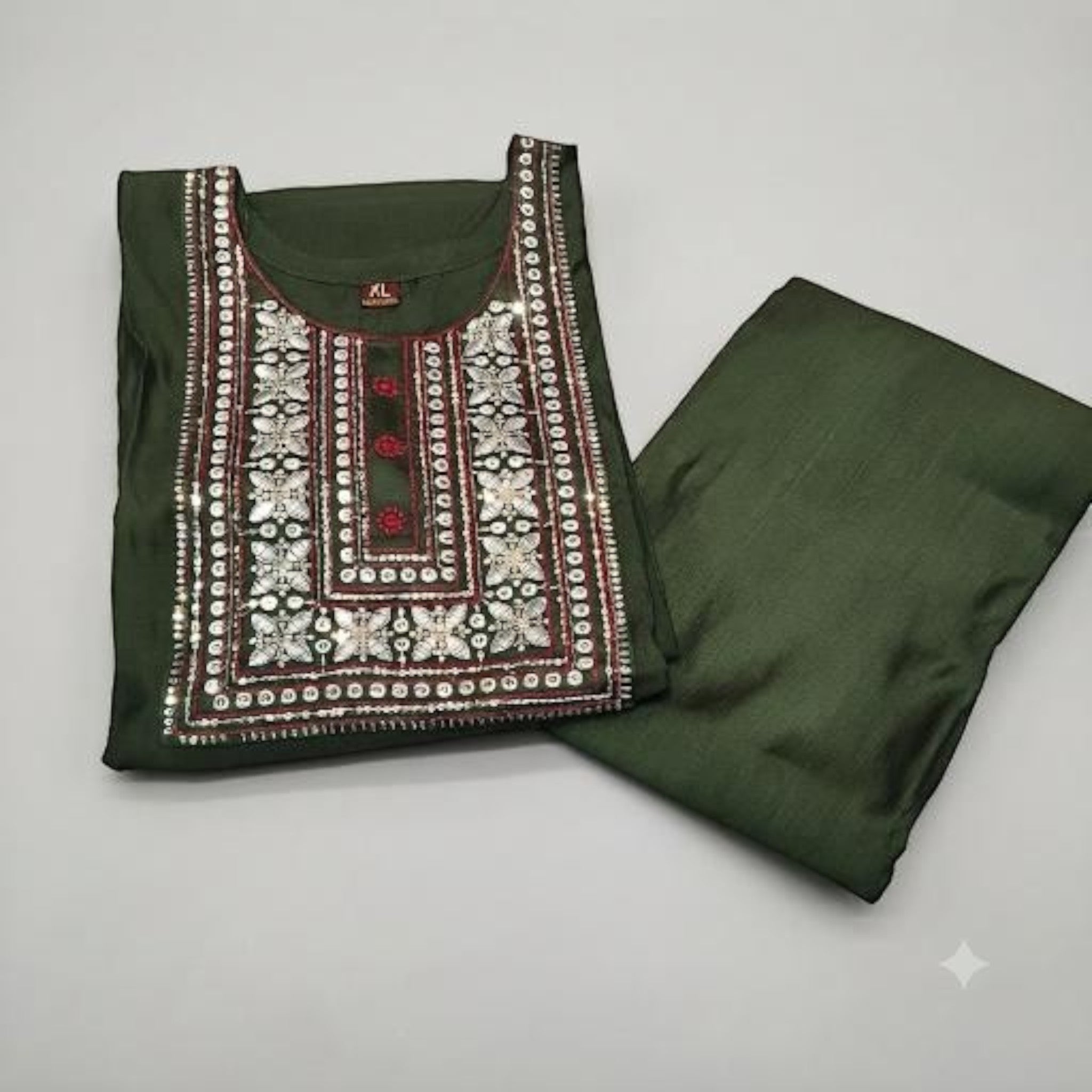 City Center premium olive green ethnic co-ord set featuring intricate silver sequin and mirror work embroidery.
