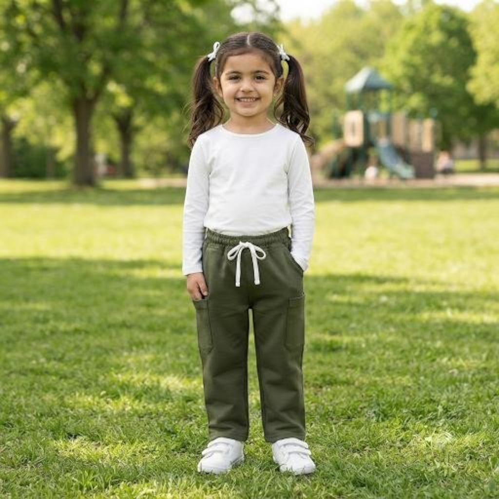 City Center olive green girls ethnic pants with an elasticated drawstring waist, worn by a girl in a park.
