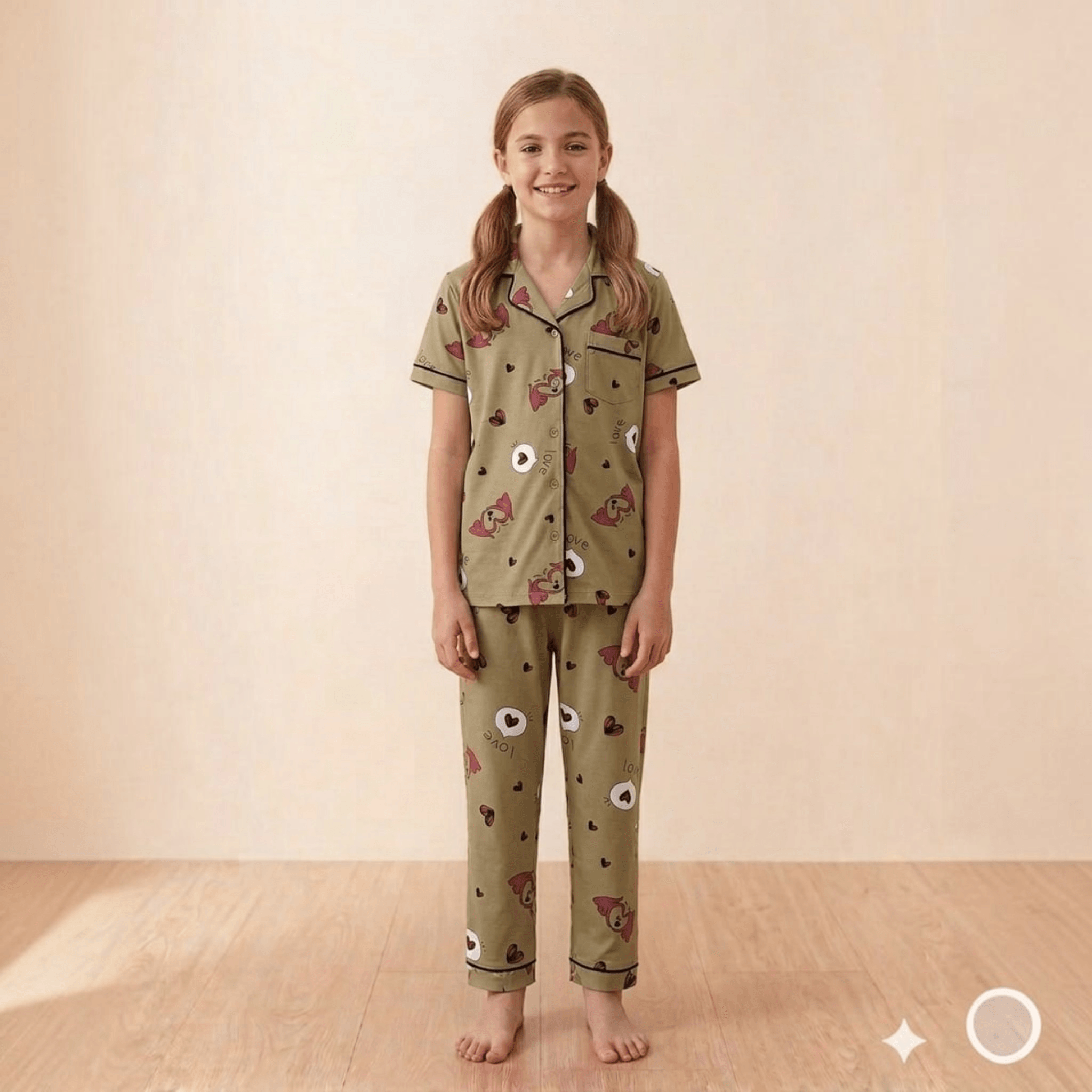 City Center girls olive green button-down pajama set with cute heart and character prints and contrast piping