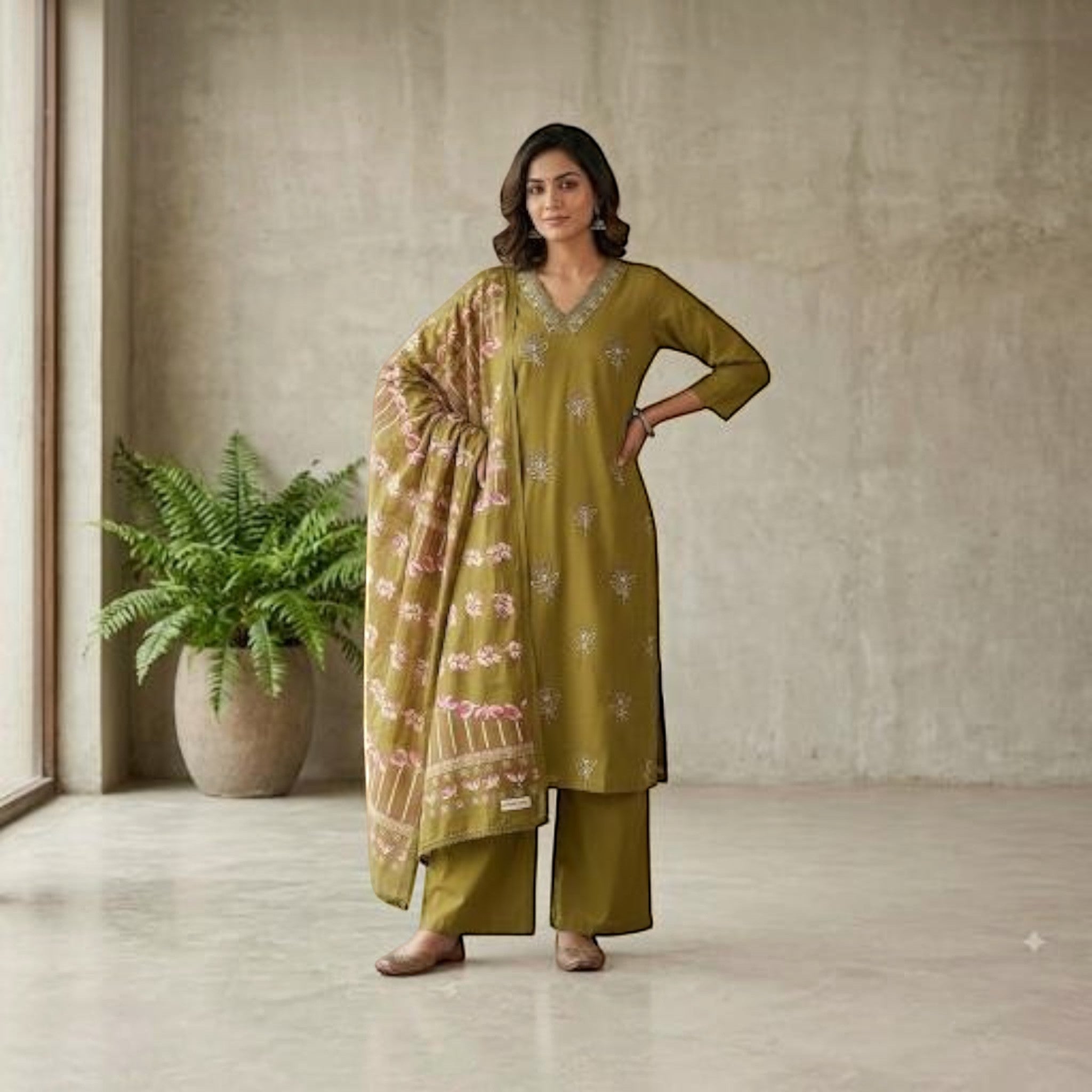 City Center olive green 3 piece kurta set with floral print dupatta and embroidered neckline worn by a woman