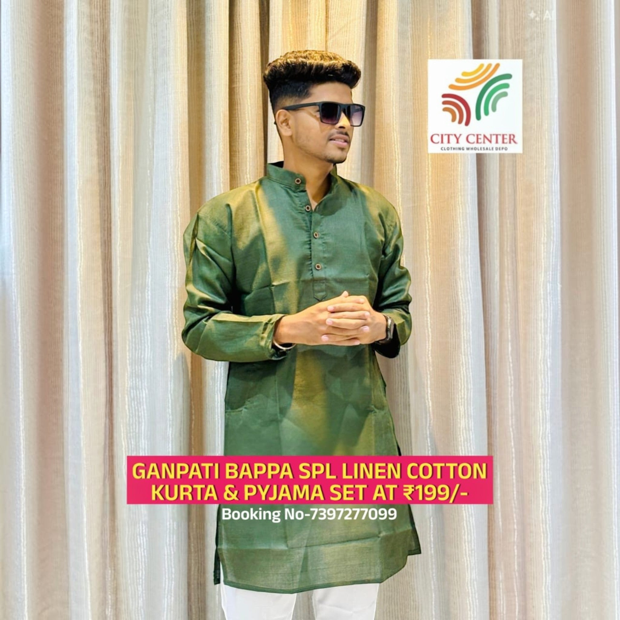 City Center men's festive olive green kurta and white pant set for Ganesh Chaturthi celebrations
