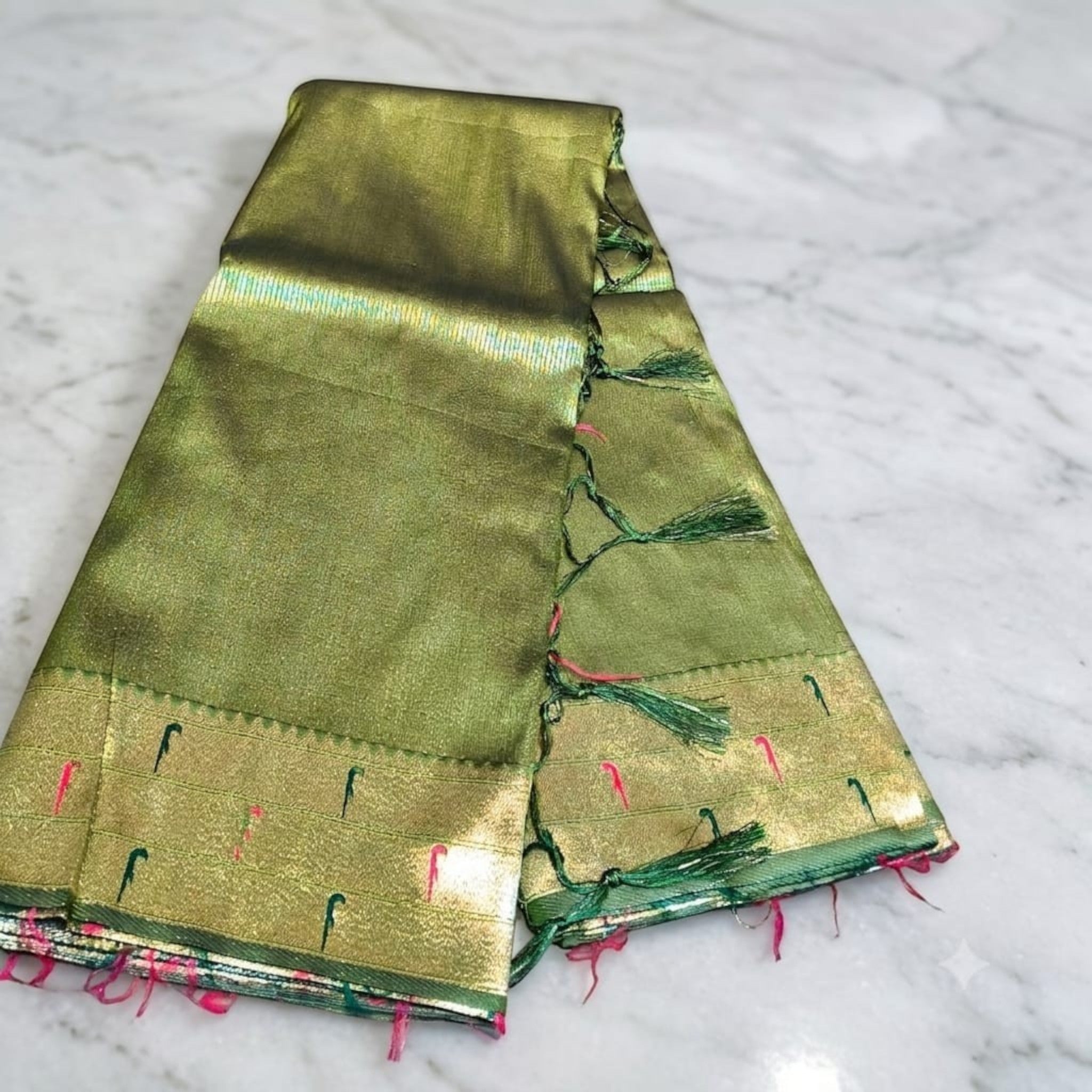 City Center Muniya Paithani silk saree in olive green with gold zari border and decorative parrot motif tassels