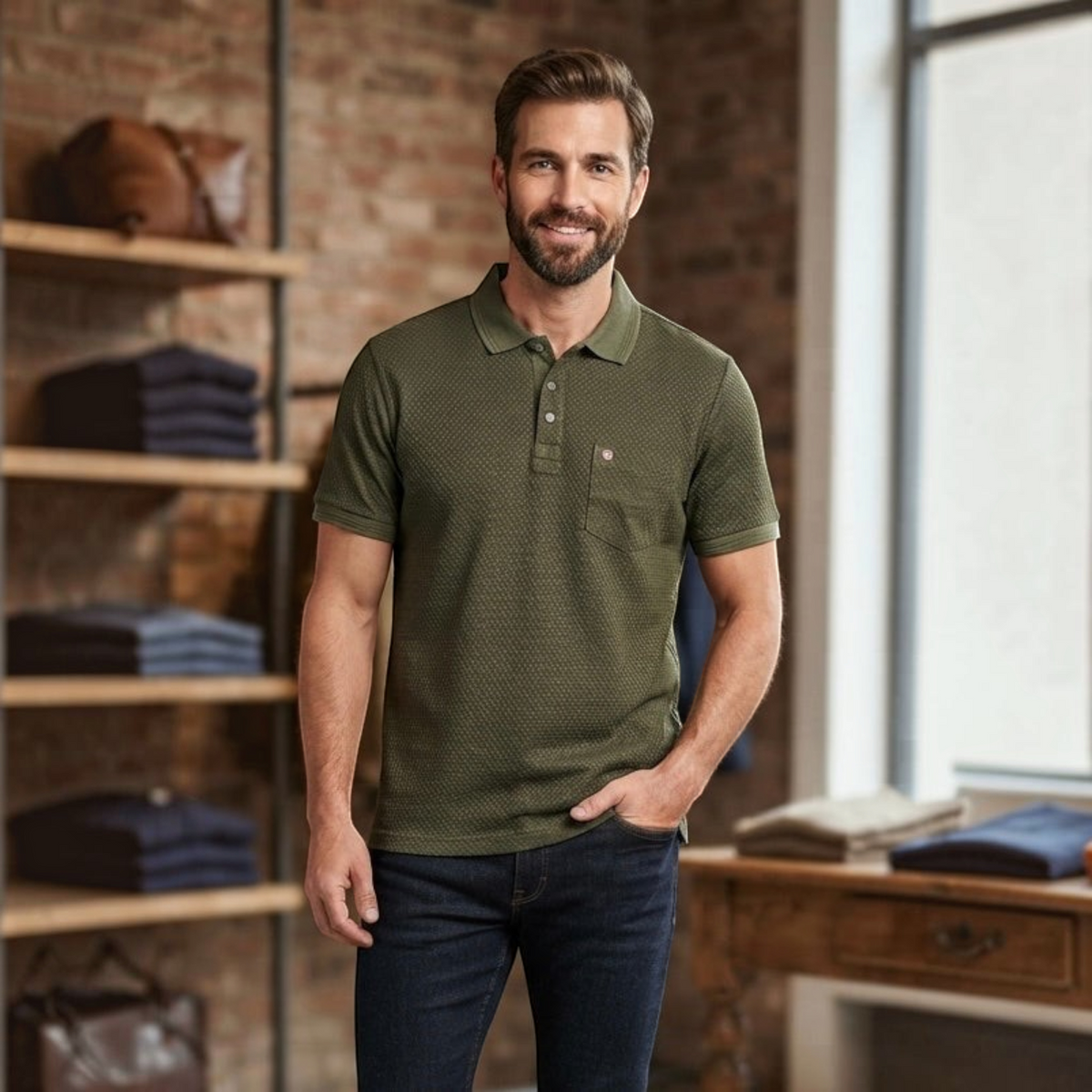 City Center M-Line men's olive green textured polo shirt with a chest pocket worn by a man in a clothing store
