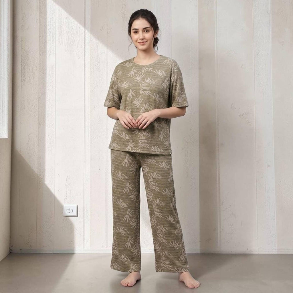 City Center women's olive green lounge pajama set with a white leaf print, featuring a crew neck top and wide-leg pants.