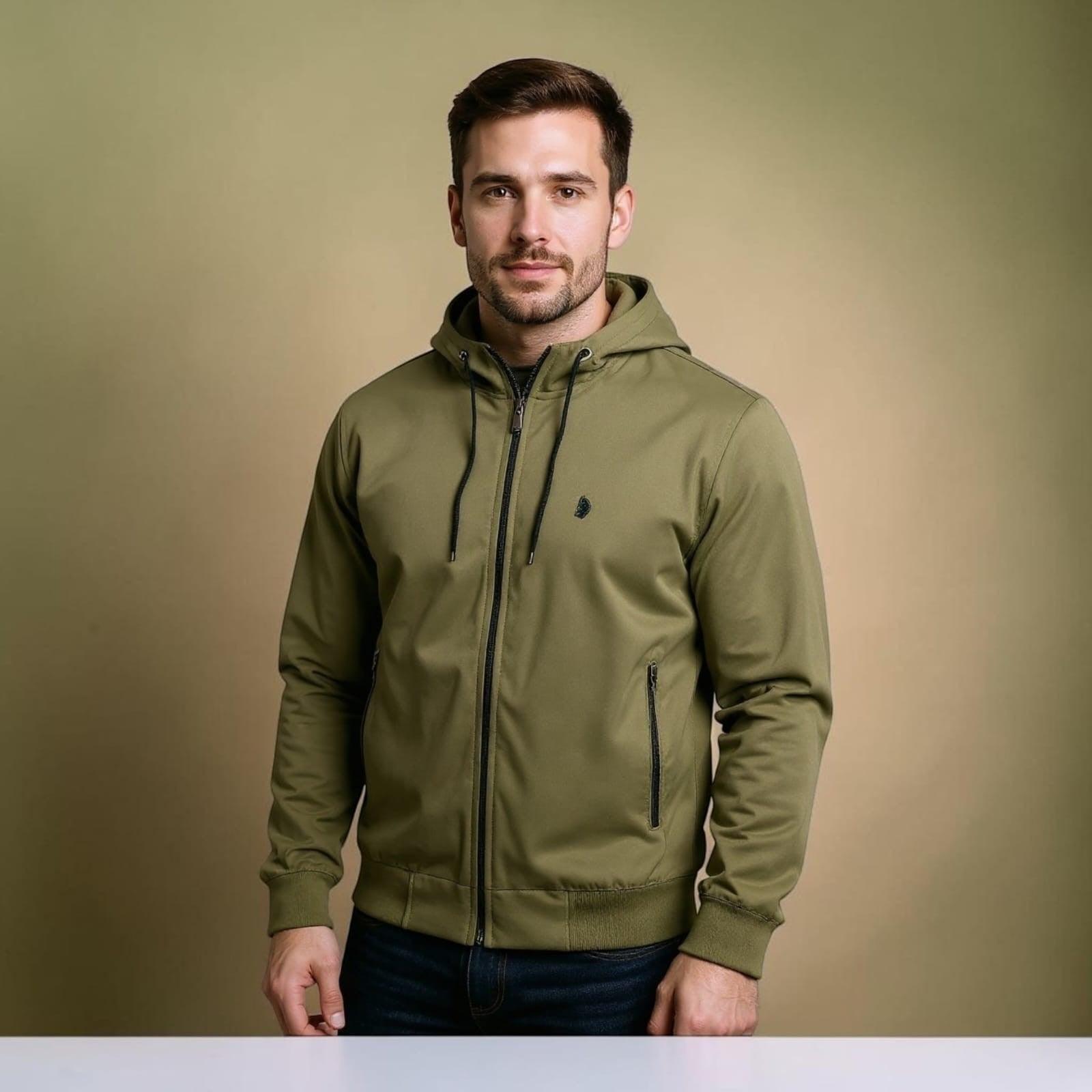 City Center olive green lightweight hooded jacket with a front zip and ribbed cuffs worn by a man