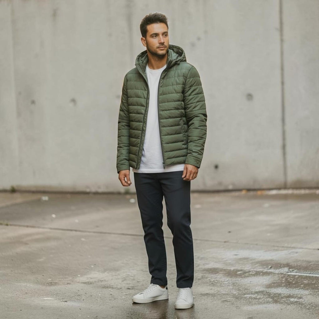 City Center olive green quilted hooded bomber jacket worn by a man with a white t-shirt and dark trousers