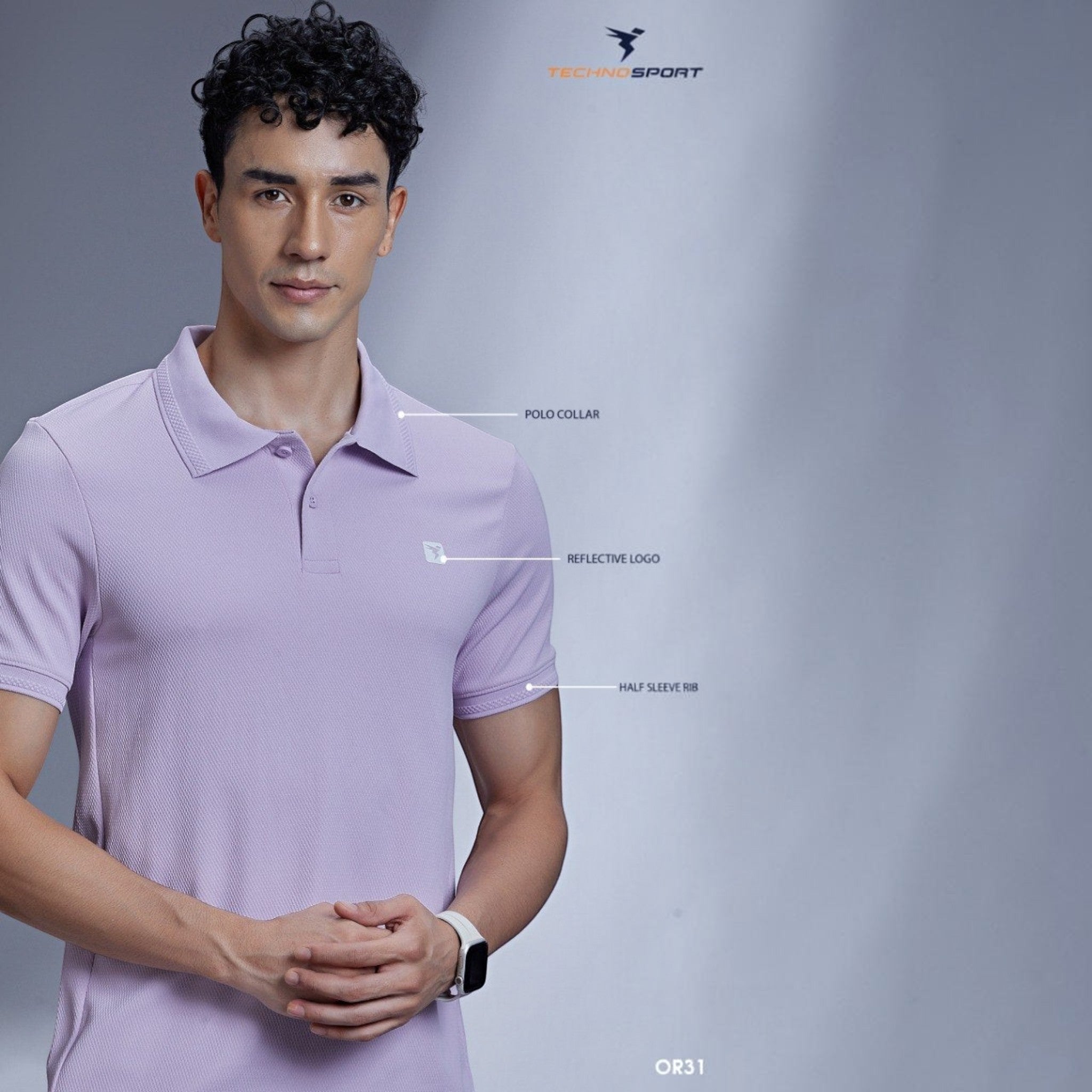 City Center OR31 men's premium lavender polo shirt with a reflective logo, polo collar, and ribbed half sleeves.