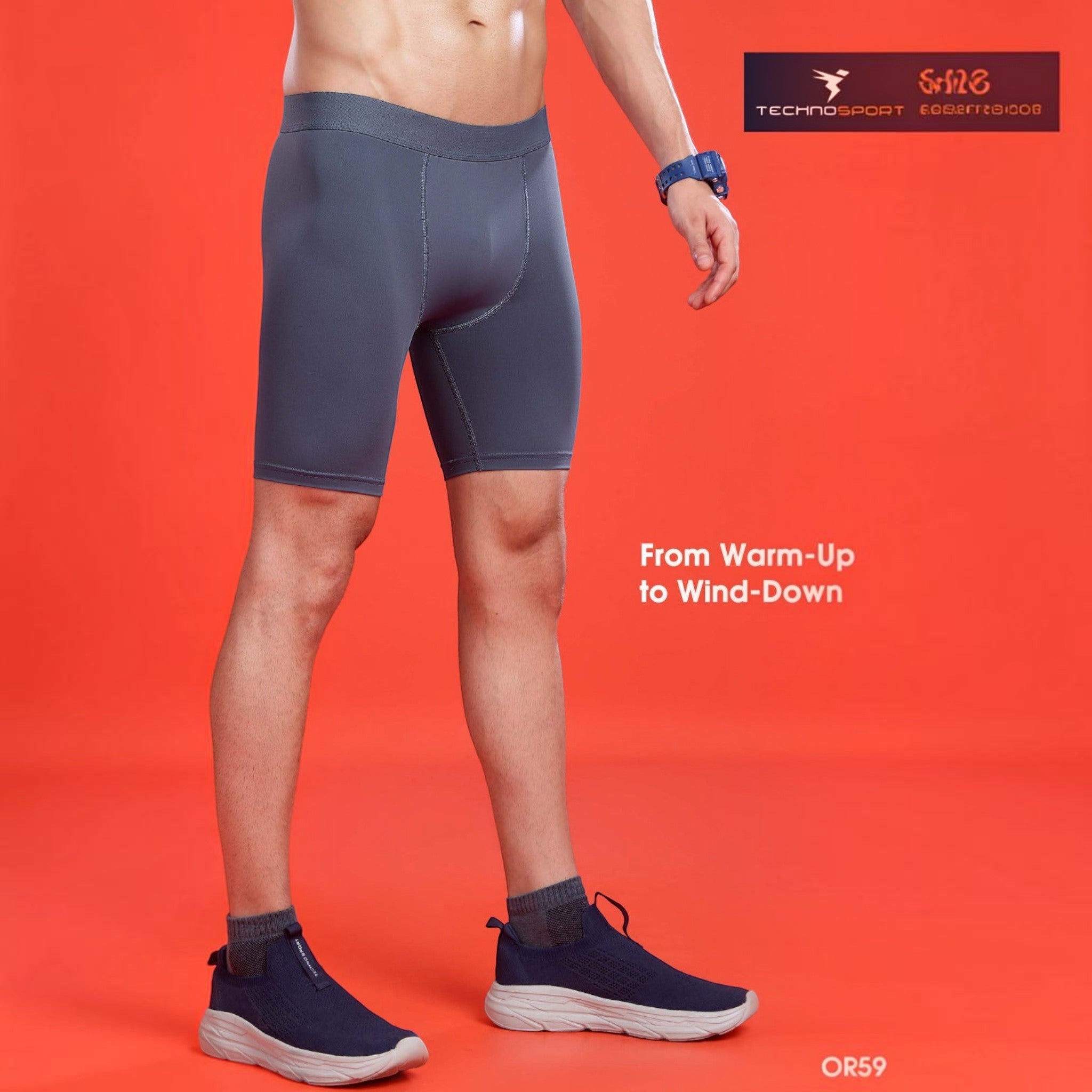 City Center OR59 men's premium grey compression shorts with a tailored fit on a model against a red background