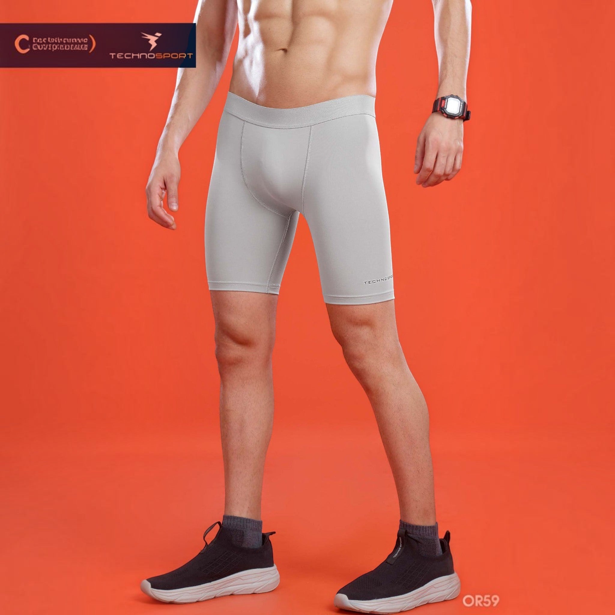 City Center OR59 men's premium light grey compression shorts with a tailored fit worn by a model on orange background