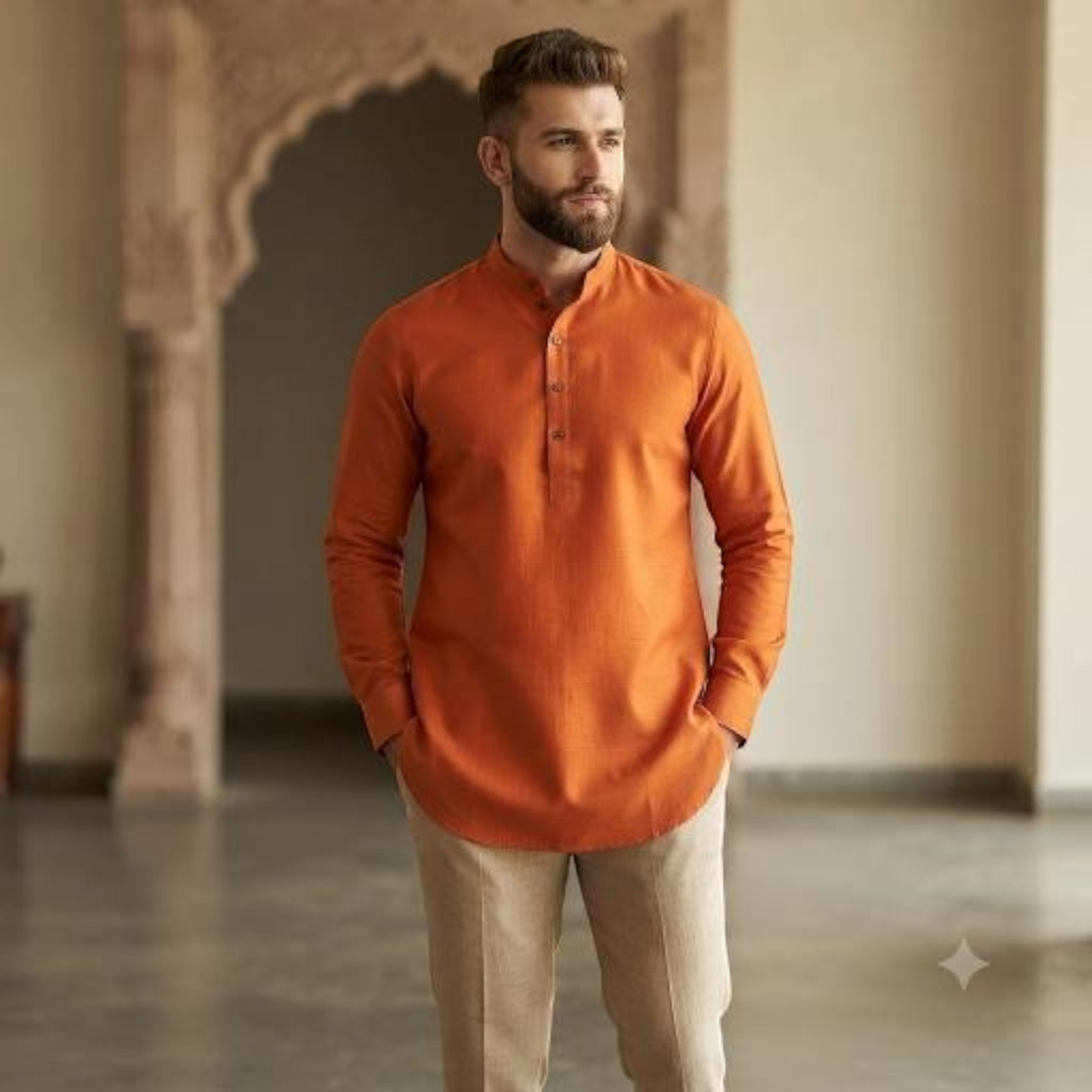 City Center premium orange cotton kurta with a mandarin collar worn by a man with beige trousers in a classic setting