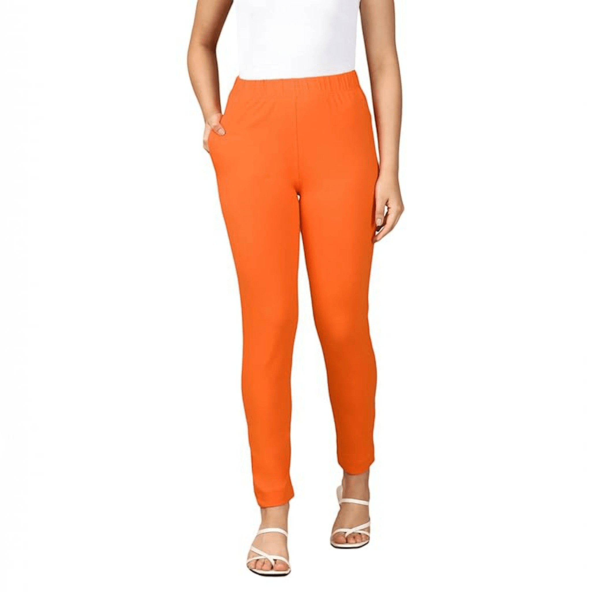 City Center PYNK by Lux Cozi orange cotton lycra kurtipant with side pocket and elasticated waistband on a model
