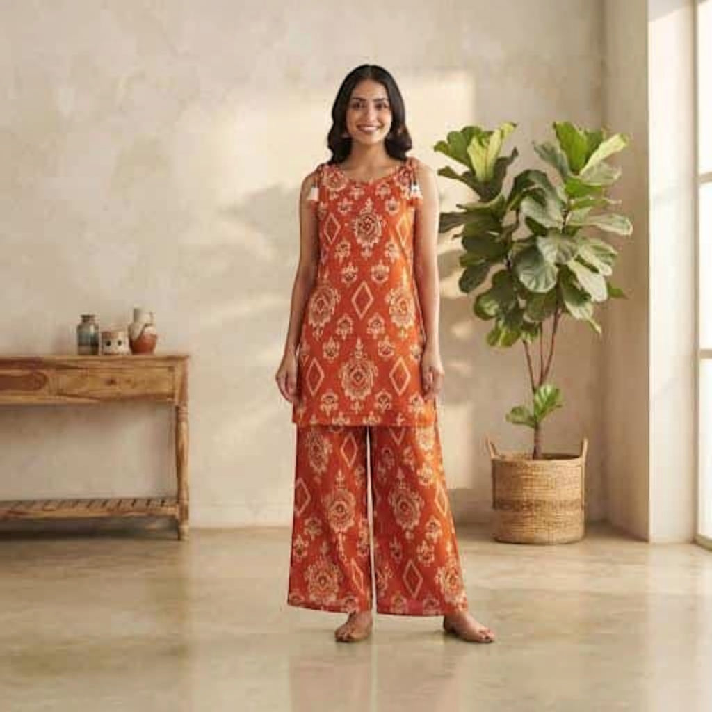 City Center orange patterned co-ord set with sleeveless tunic and wide-leg trousers worn by a smiling woman