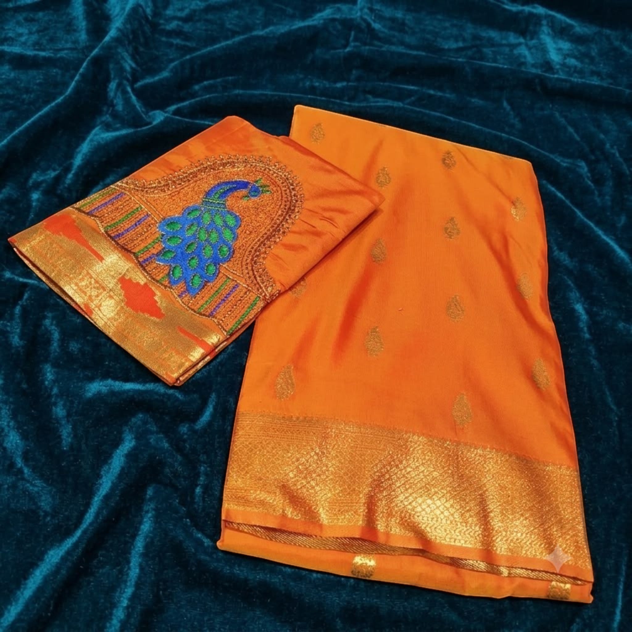City Center orange satin saree with kattpadar border and matching blouse featuring intricate peacock Aari embroidery