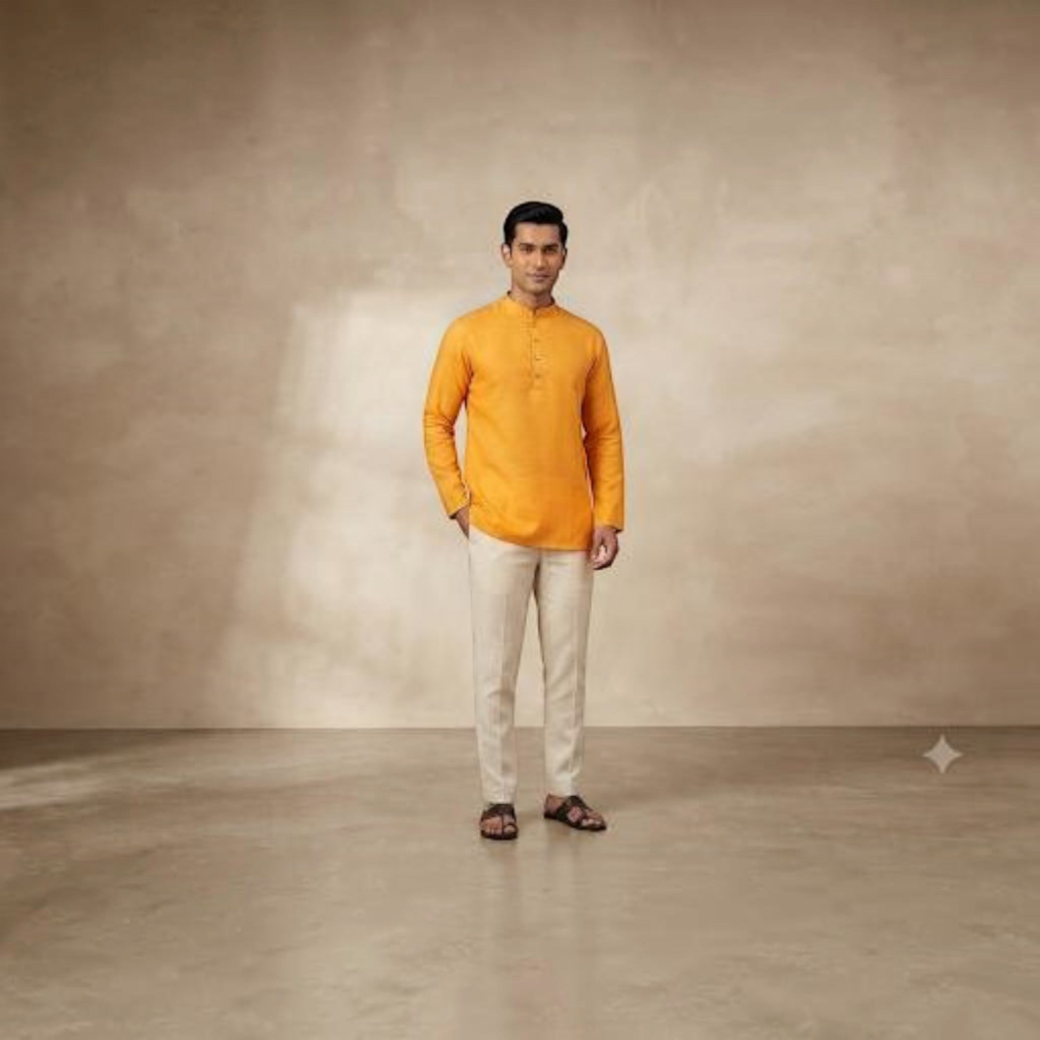 A man wearing a vibrant orange City Center short kurta with a mandarin collar paired with beige trousers and sandals.