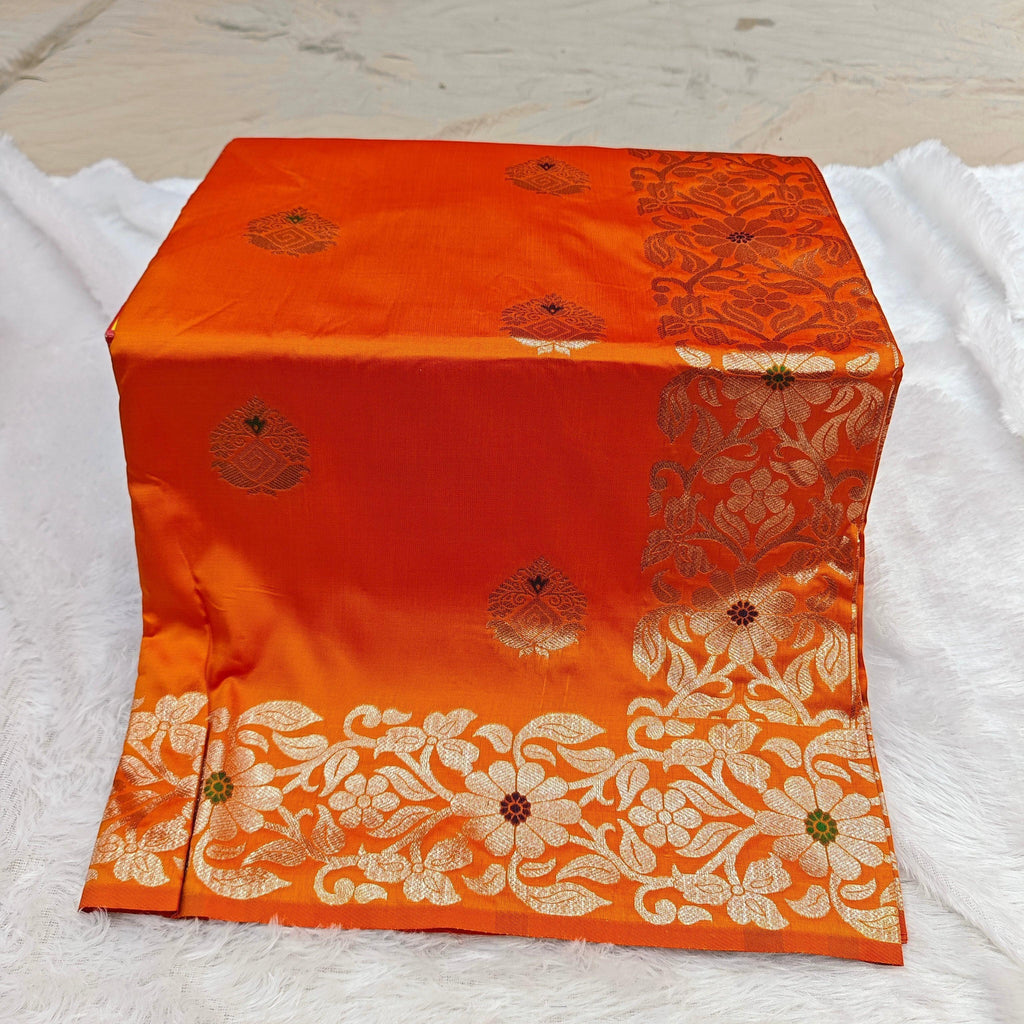 City Center orange silk blend saree with intricate gold zari and multi-color mina floral peacock motifs
