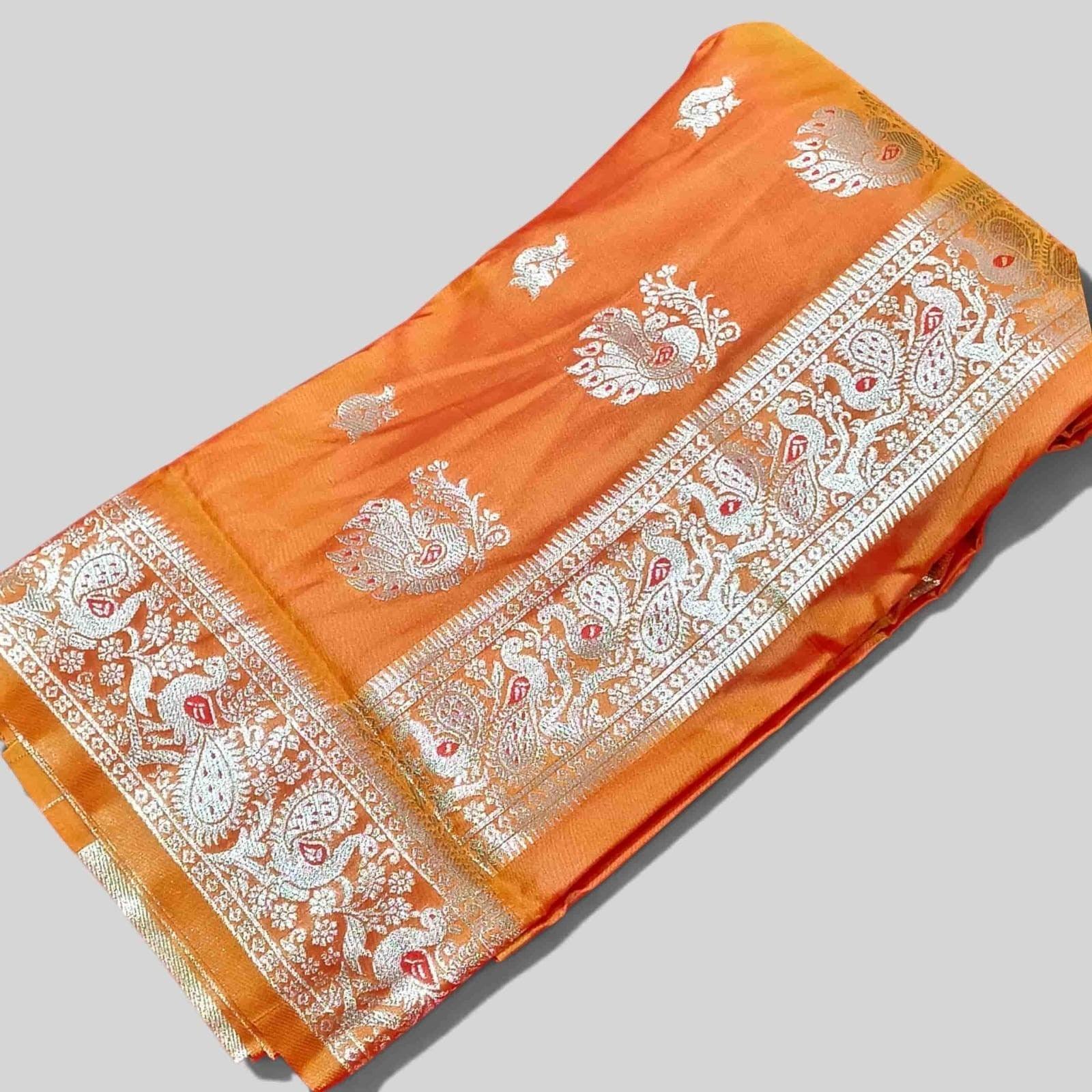 City Center orange pure silk Peshwai saree featuring intricate silver zari peacock and paisley motifs on the border