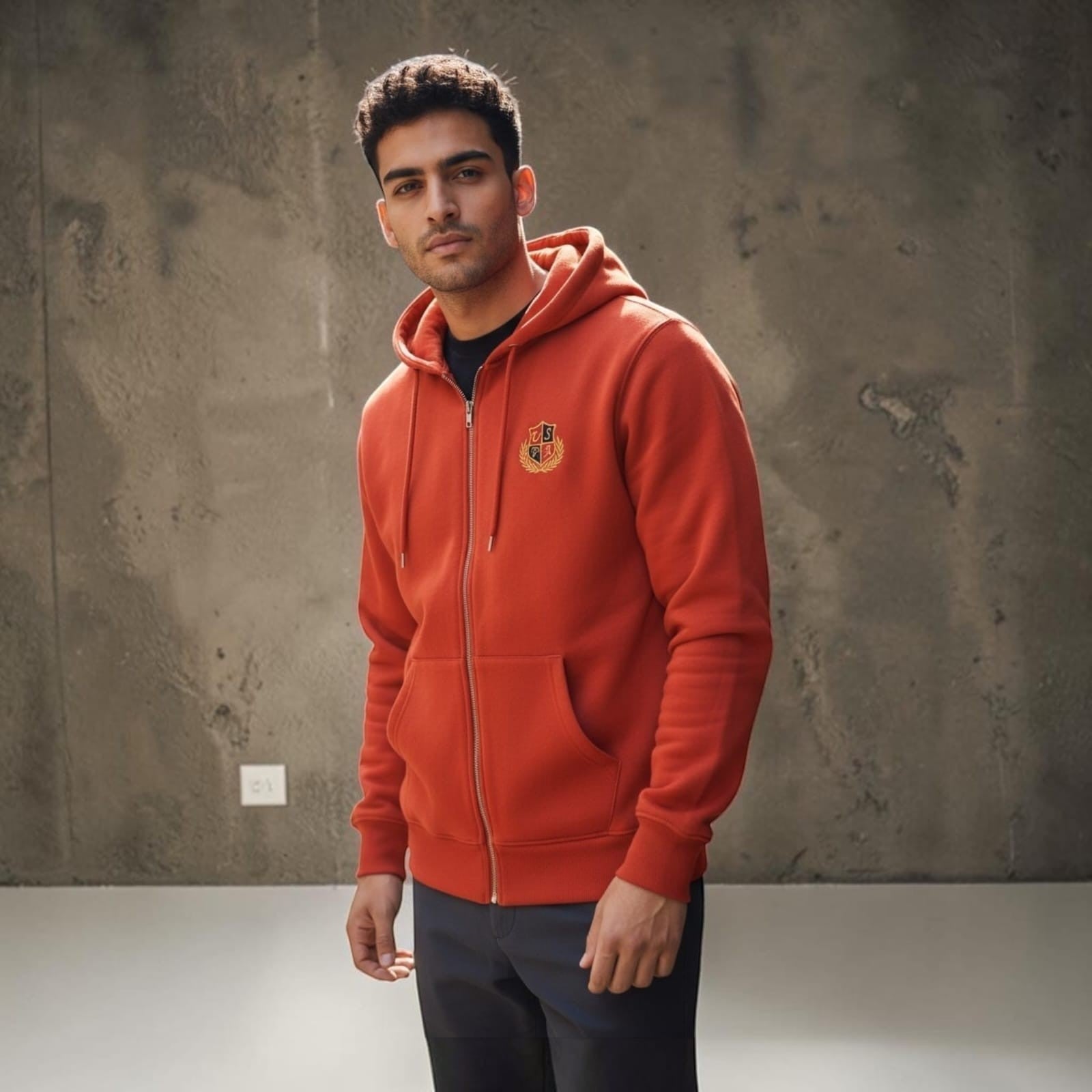 A man wearing a City Center orange full-zip hoodie with a small crest logo on the chest against a concrete wall.