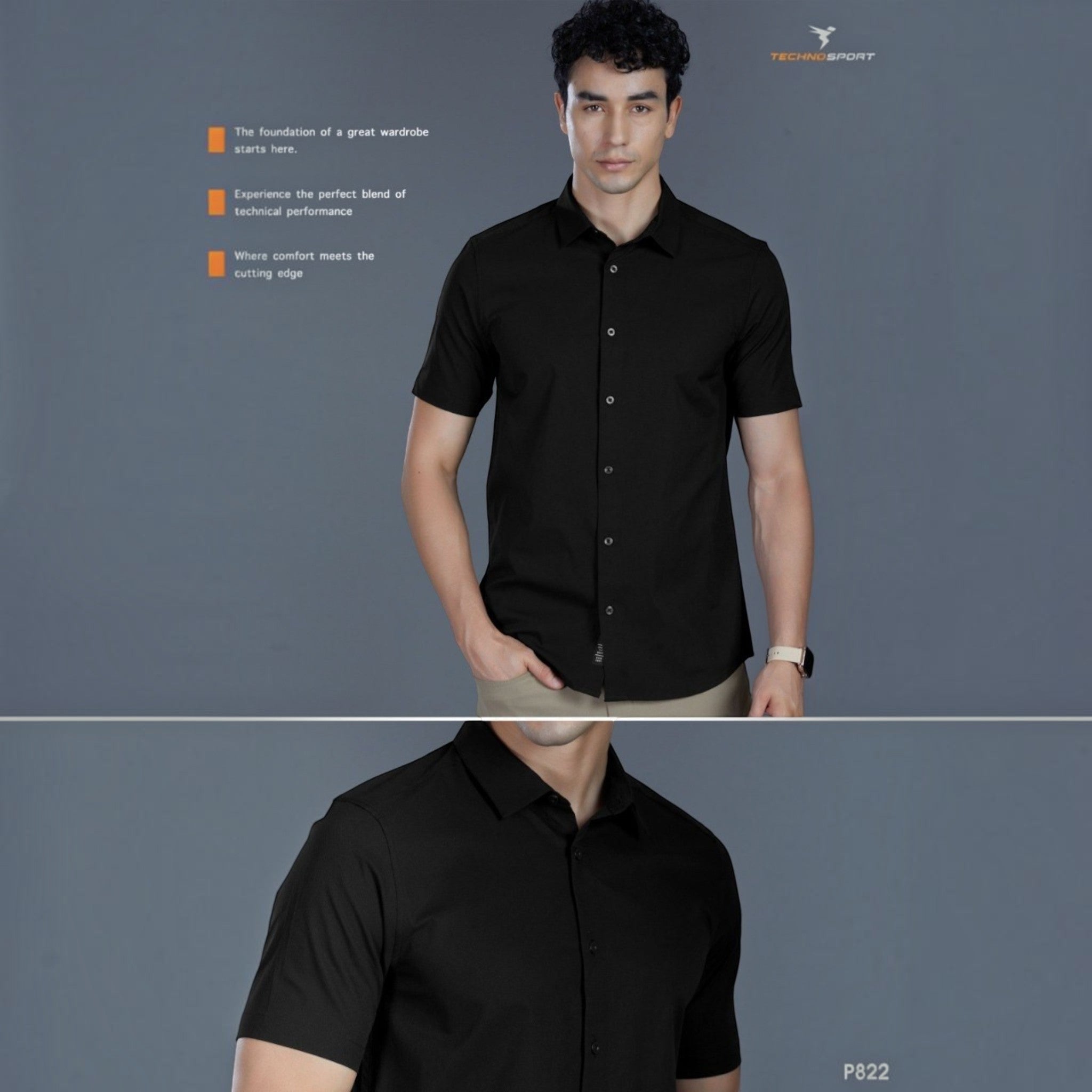 City Center P822 Technosports men's black short-sleeve premium techno-fabric shirt worn by a model
