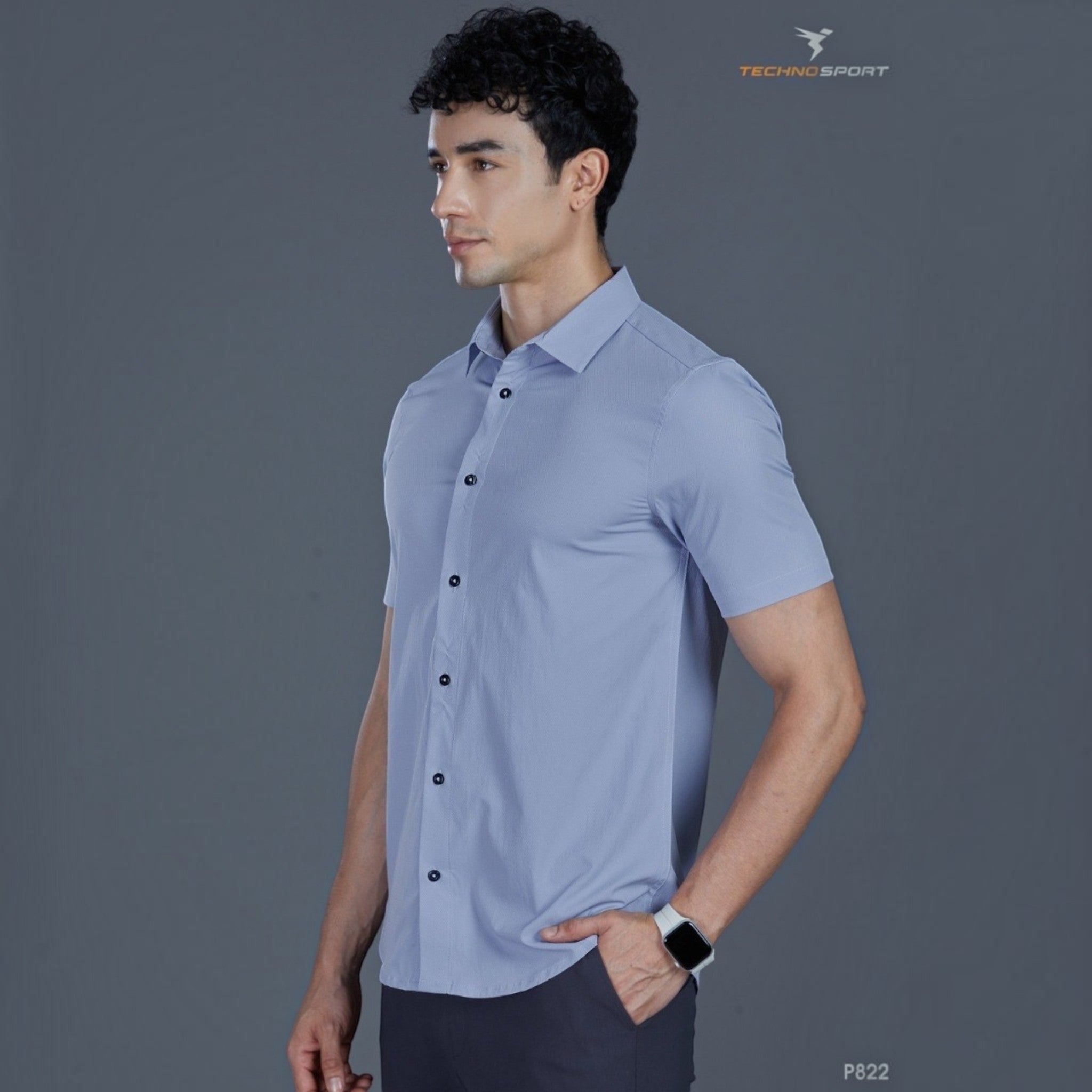 City Center P822 Technosports men's light blue short-sleeve performance shirt with a button-down collar.