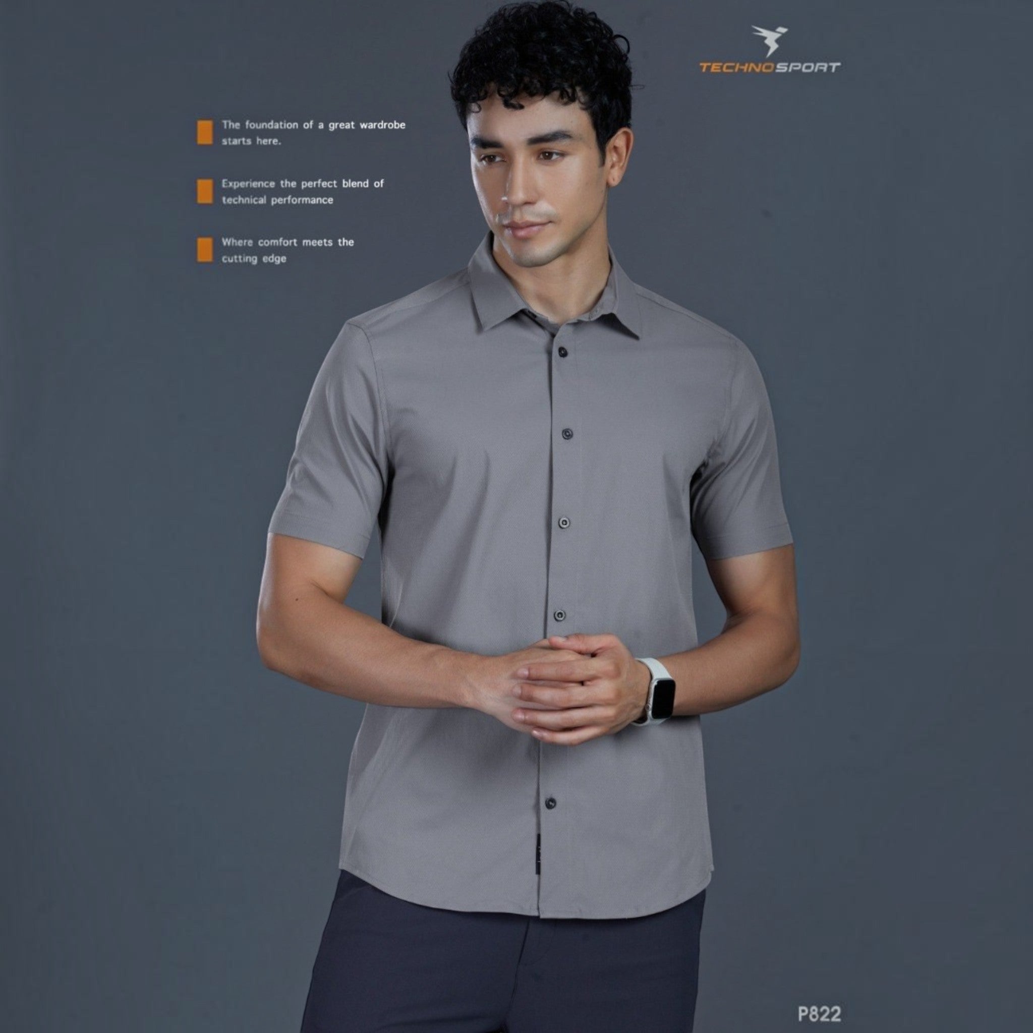 City Center P822 Technosports men's grey short-sleeve performance shirt with moisture-wicking techno-fabric