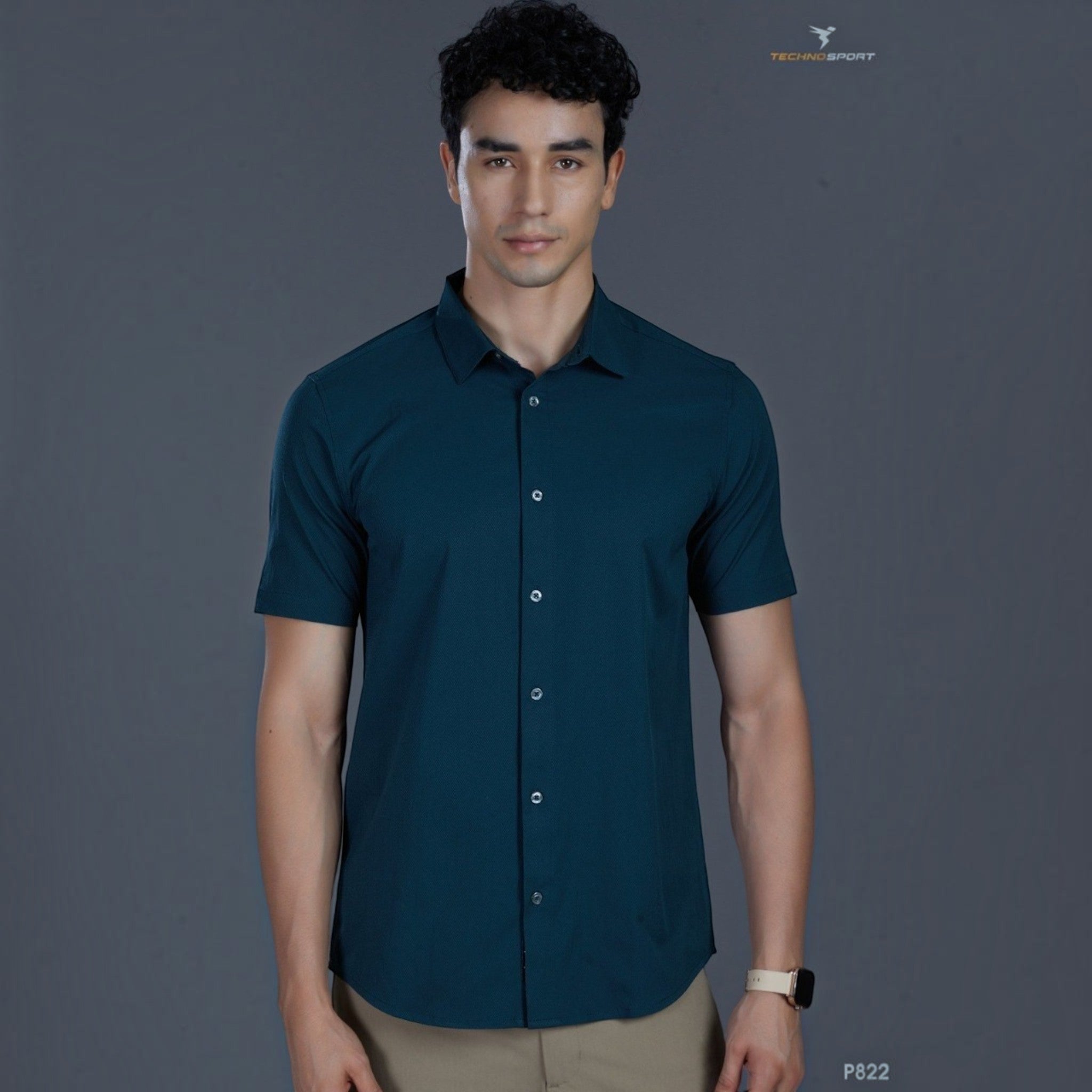 City Center P822 Technosports men's premium short-sleeve shirt in dark teal moisture-wicking techno-fabric