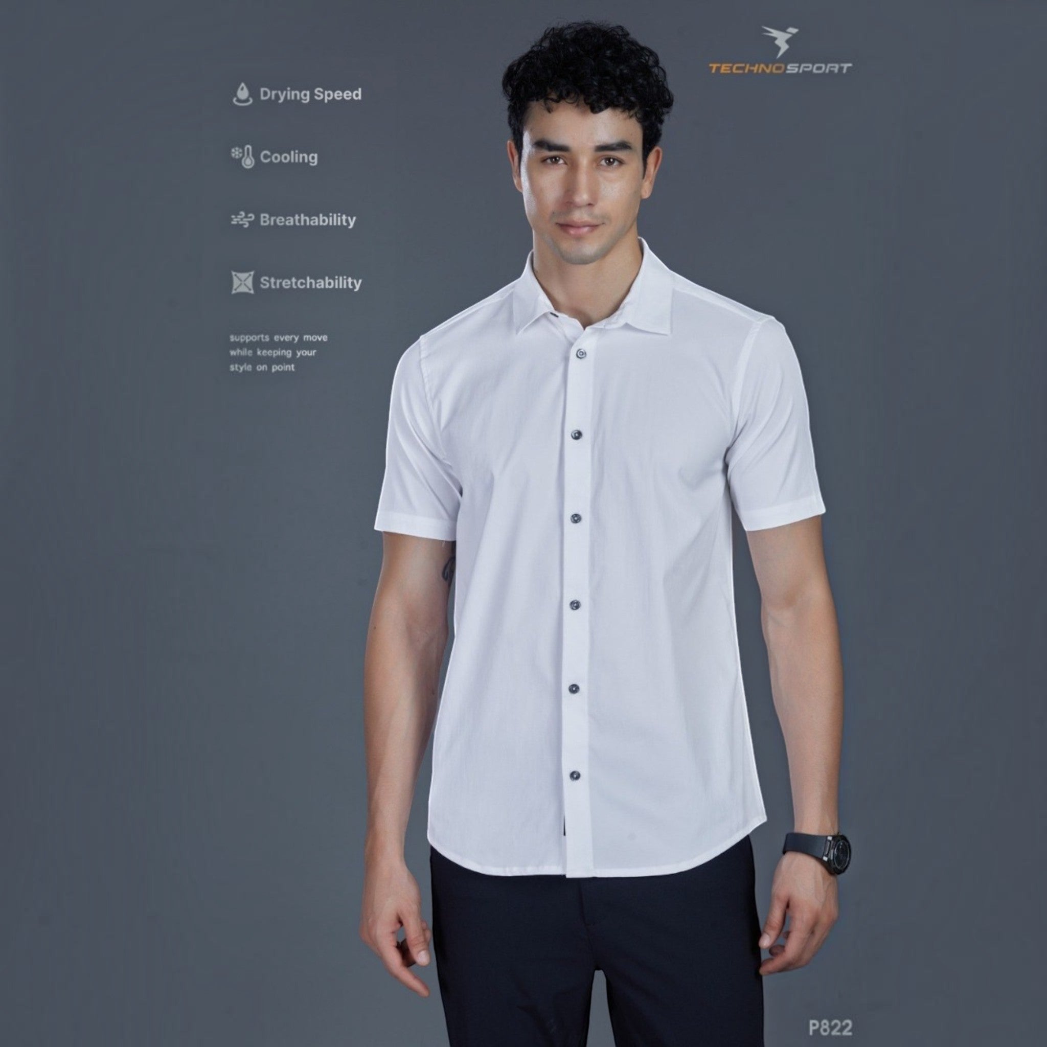 City Center P822 Technosports men's white short-sleeve premium techno-fabric shirt with moisture-wicking features.